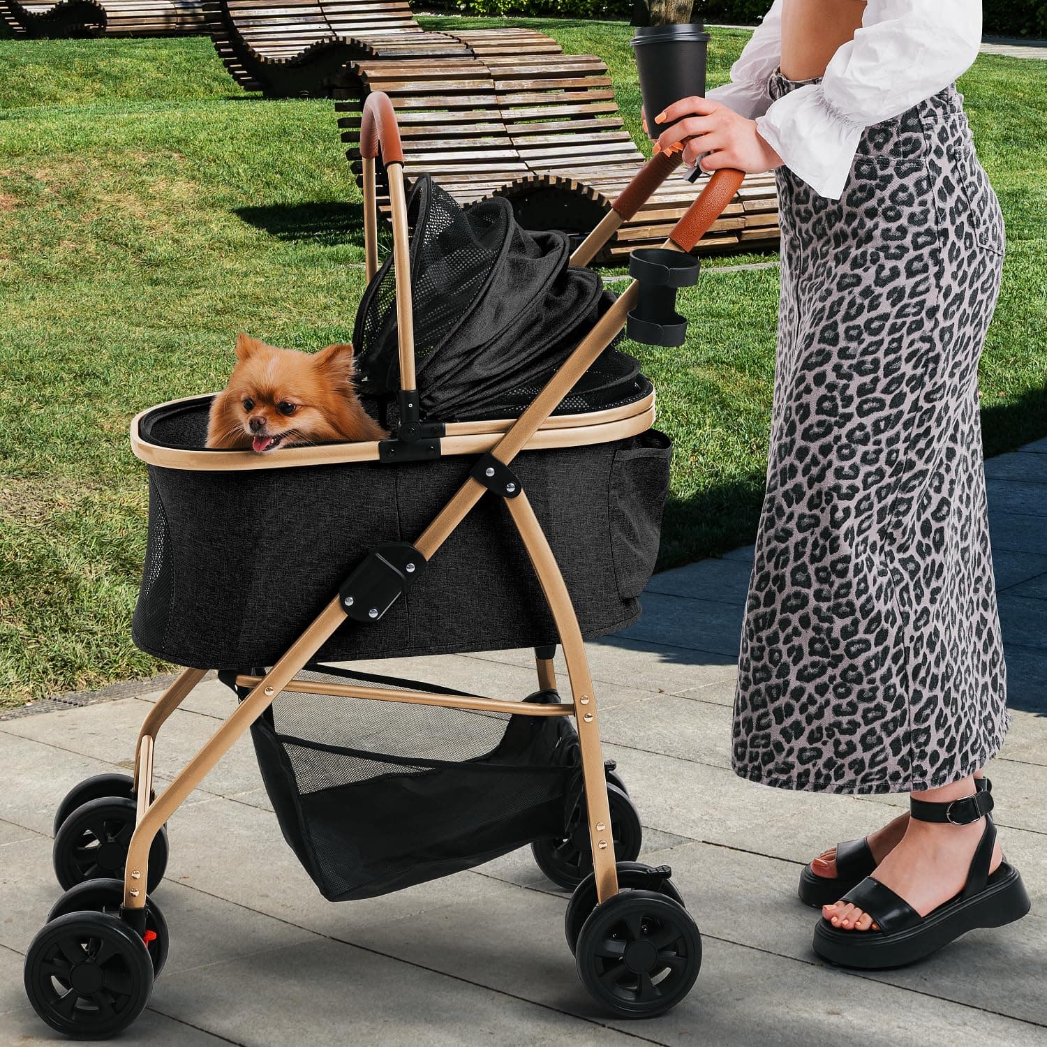 Pet Stroller for Small Medium Dogs Cats with Detachable Carrier – Zipperless Entry, Easy Fold with Removable Liner, Storage Basket + Cup Holder, Black