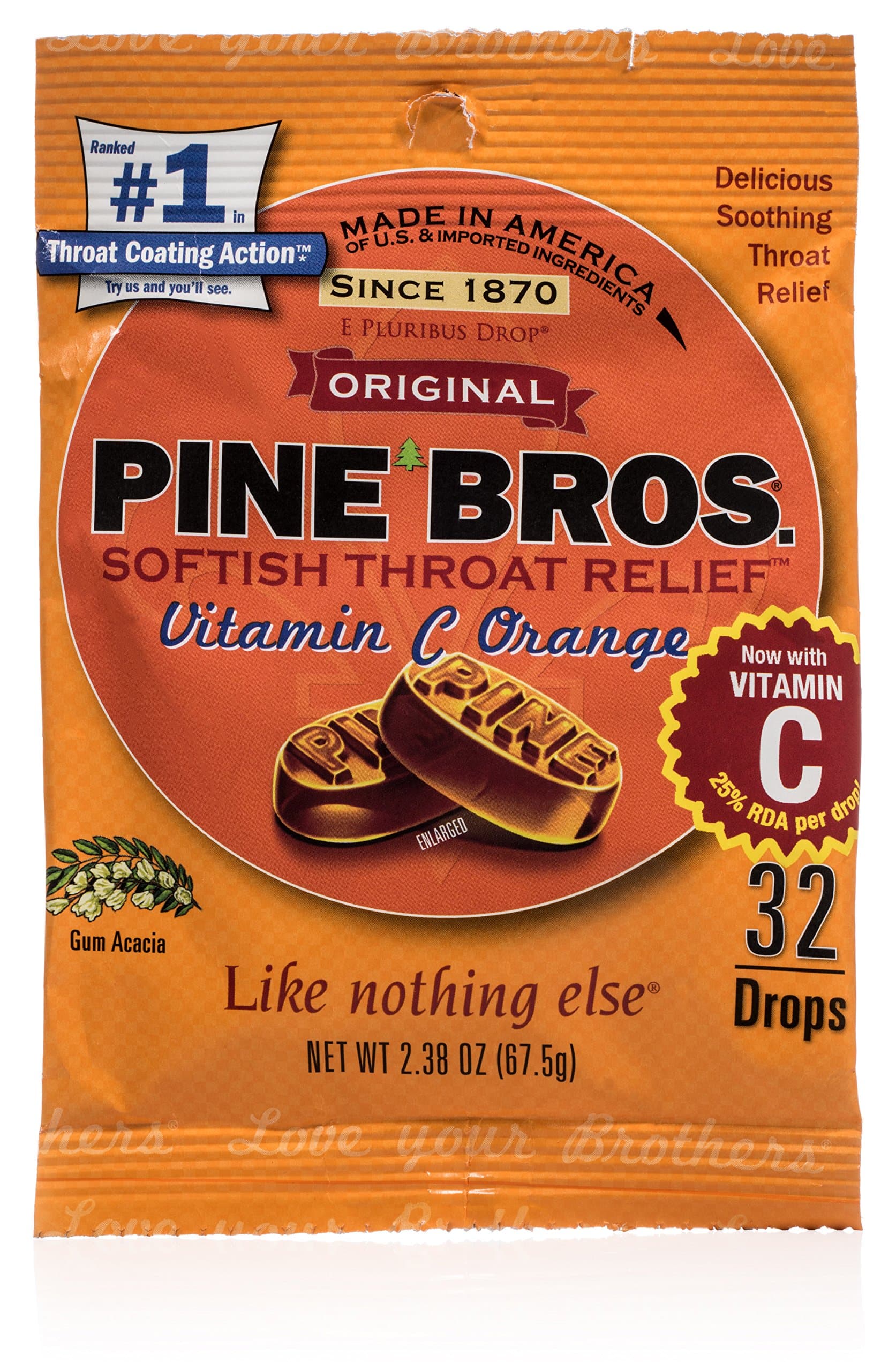 Pine Bros Orange Vitamin C Throat Drops, 32 Count Bag