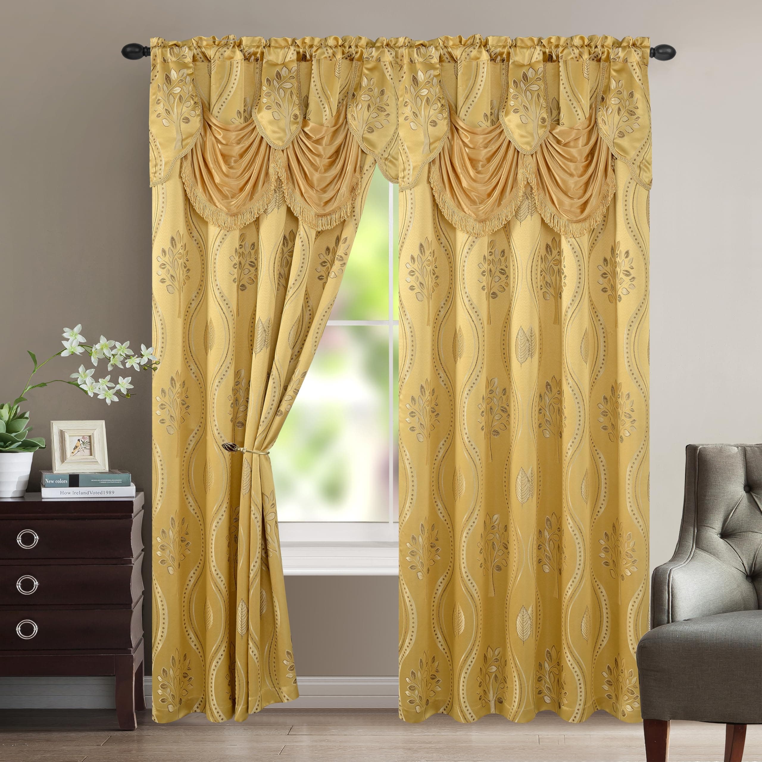 Aurora Jacquard Look Curtain Panel Set with Attached Valance 54" X 84 inch (Set of 2), Gold