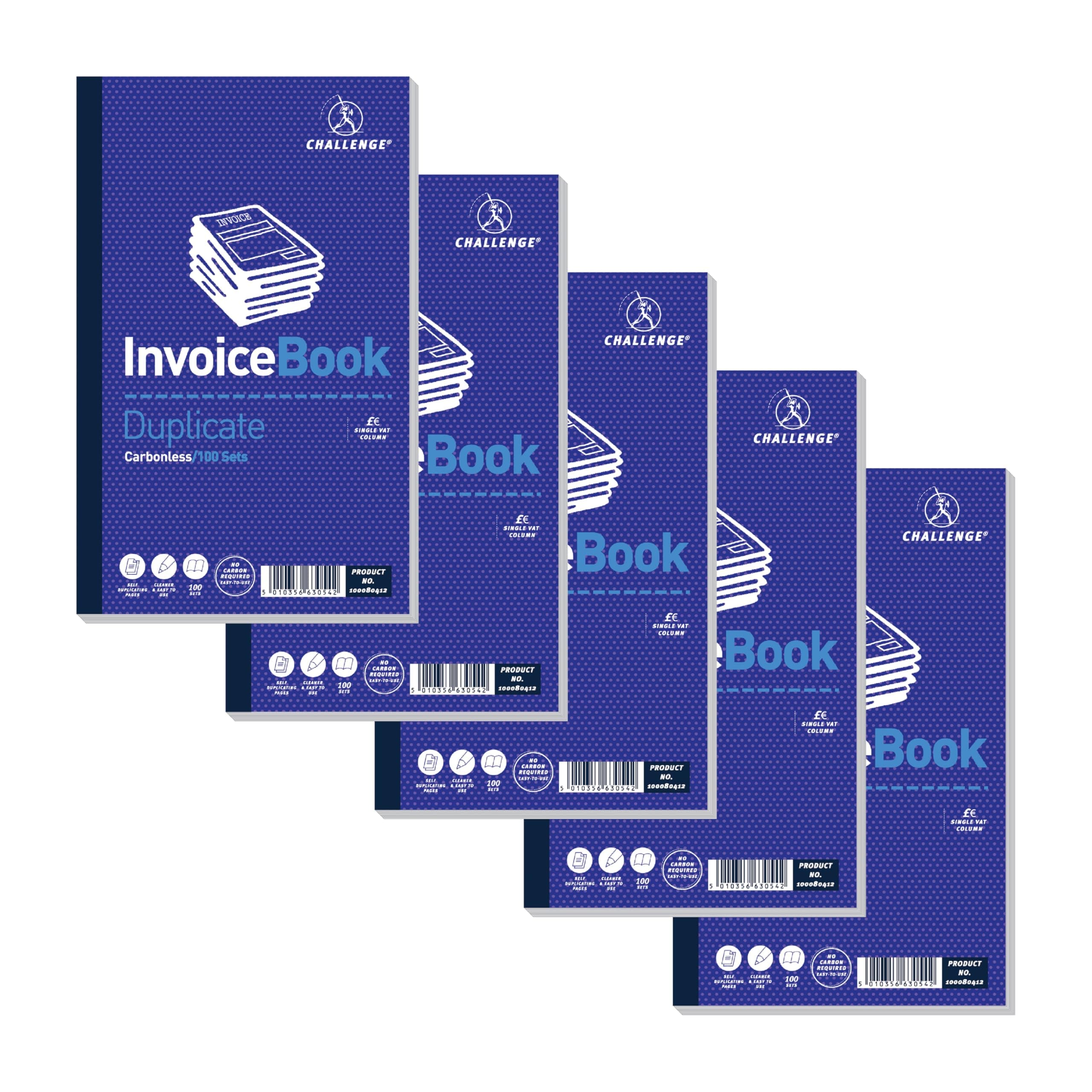 Challenge Duplicate Invoice Book with Vat, Carbonless, 100 Pages, Set of 5 (210 x 130 mm)