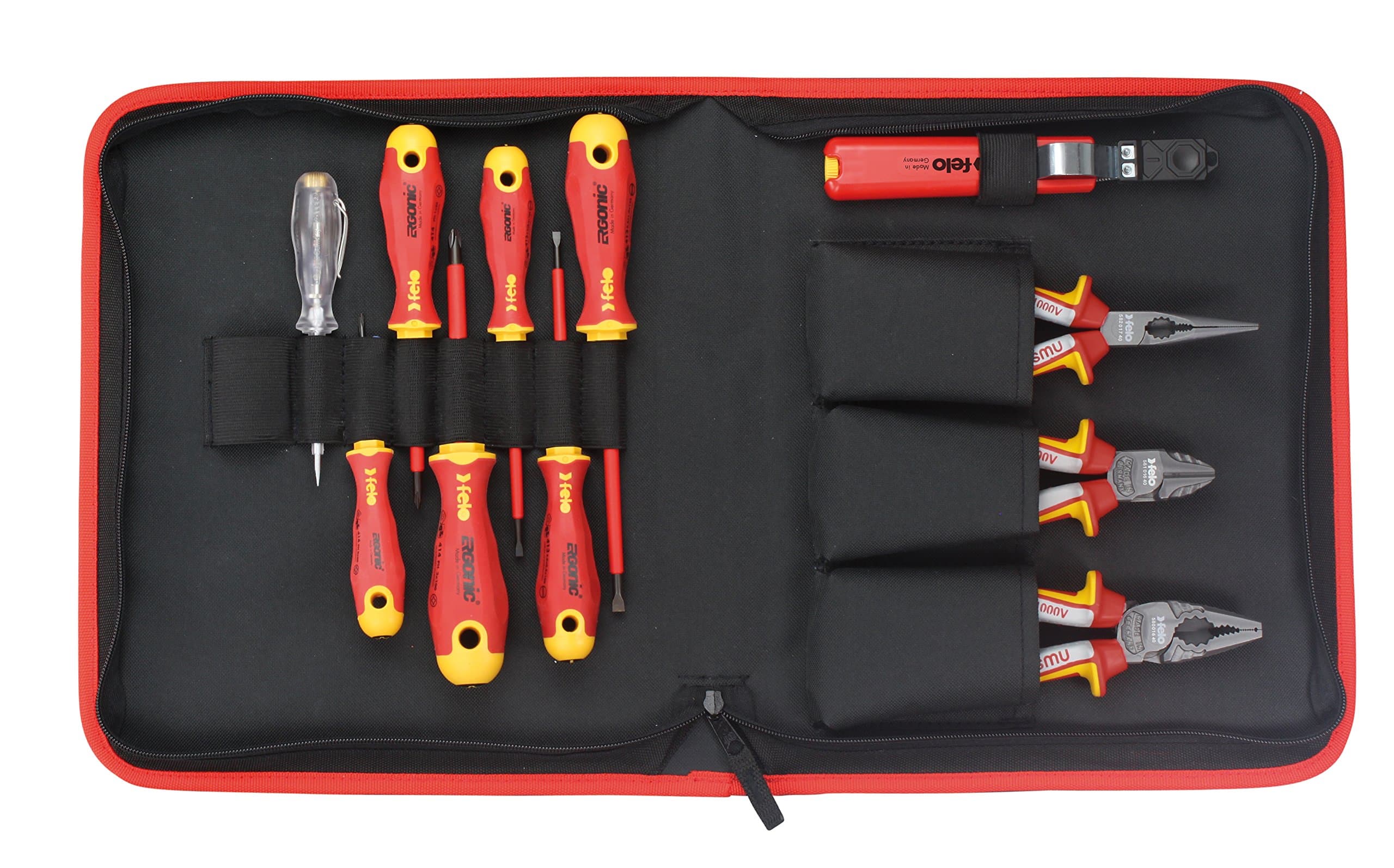 Felo Professional Tool Set Screwdriver Set VDE Screwdriver Pliers Set Kit Tool Bag 11 Pieces MAINS TESTER COMBI PLIER/Side Cutter Telephone Pliers Needle Nose Pliers Cable Cutter 413 911 04