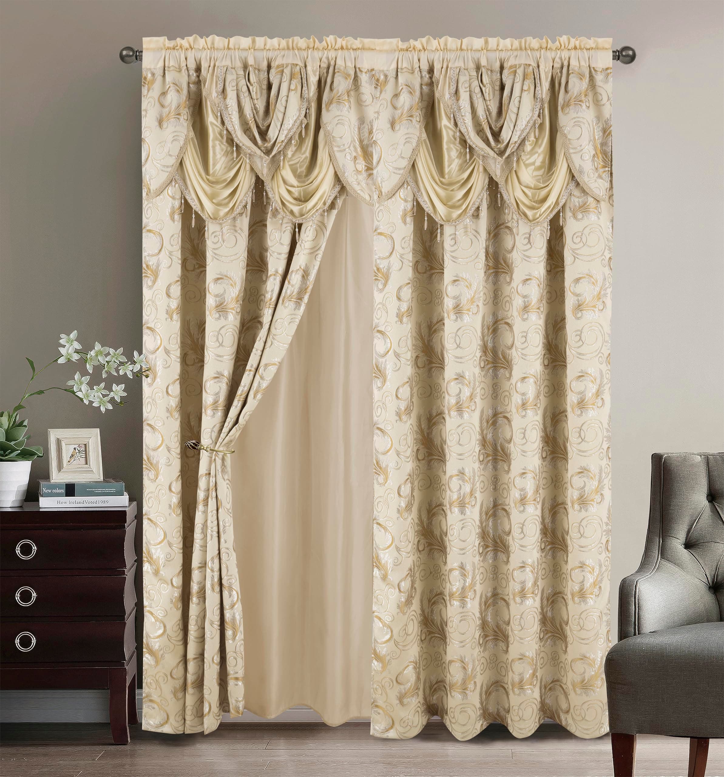 GLORY RUGS Jacquard Luxury Window 2 Panel Set Beige Curtain with Attached Valance and Backing Bedroom Living Room Dining 2 Curtains 55x84 inches Each Jana