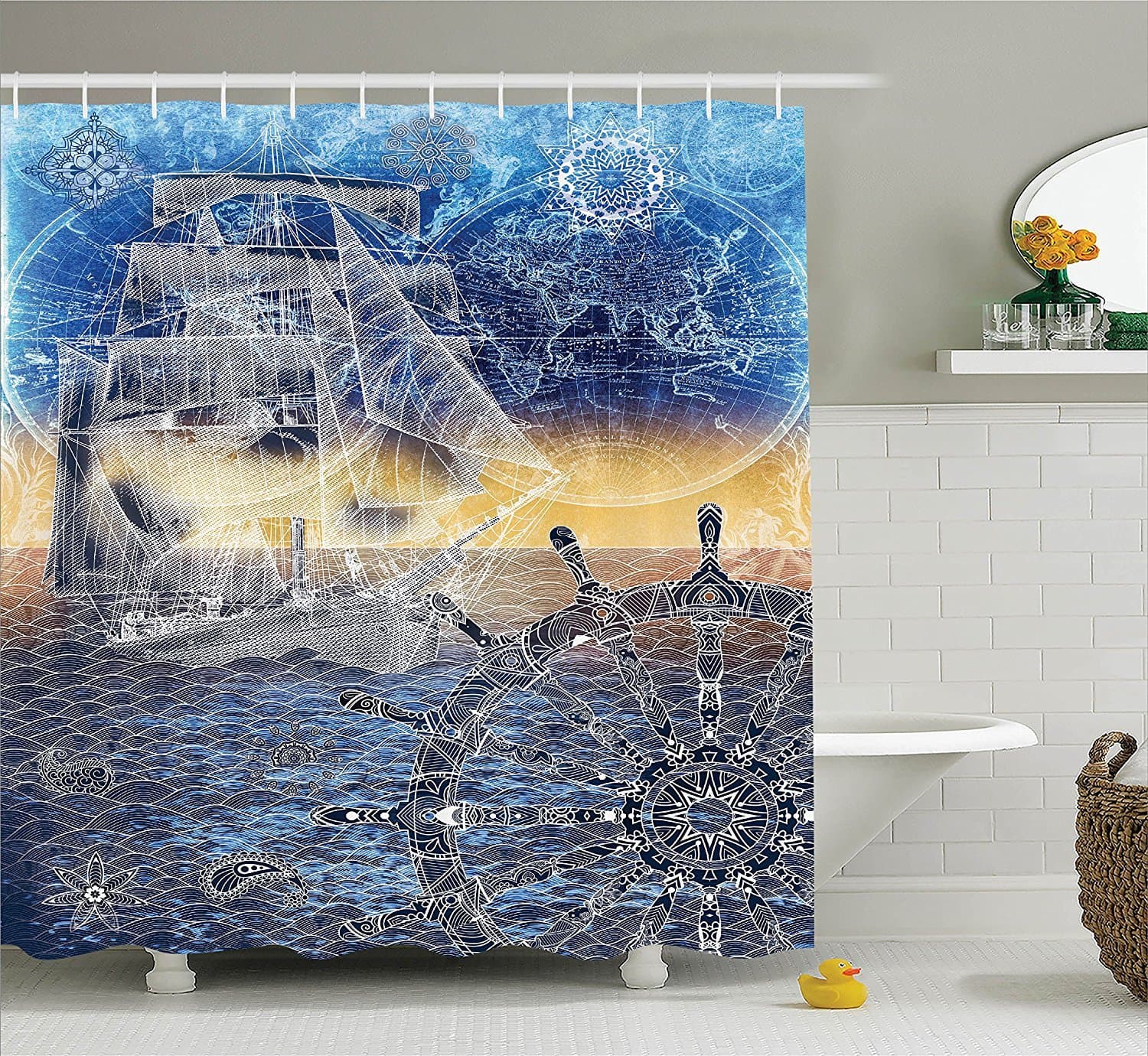 Home Decor Collection, Nautical Print with Mandala Patterns of Explorer Ship Map of the World Steering Wheel Sails Ocean, Polyester Fabric Bathroom Shower Curtain Set with Hooks, Blue