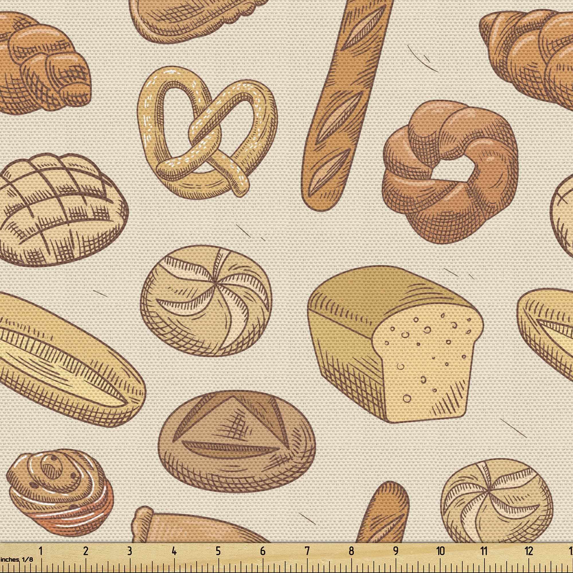 Ambesonne Bakery Fabric by The Yard, Various Bread and Bun Types in Different Shapes, Decorative Fabric for Upholstery and Home Accents, 1 Yard, Dark Peach Sand Brown