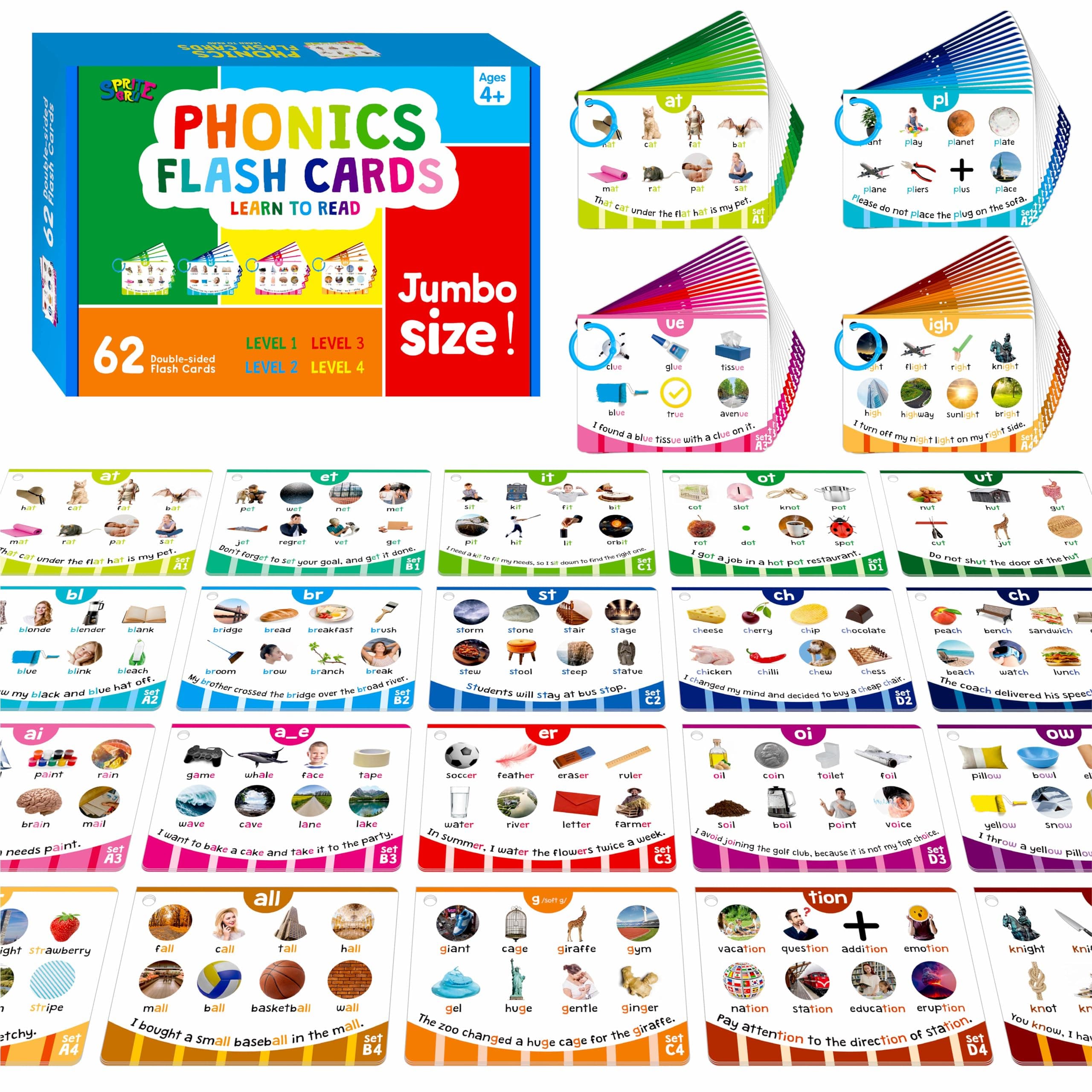 Phonics Flashcards, 120 Phonics 62 Double-sided Cards - 20 Phonic Group Sets CVC, Digraph, Trigraph Blends Long Vowel Sounds, Early Educational Tool for Kids Ages 4-8 Years Old (4 Plastic Rings)