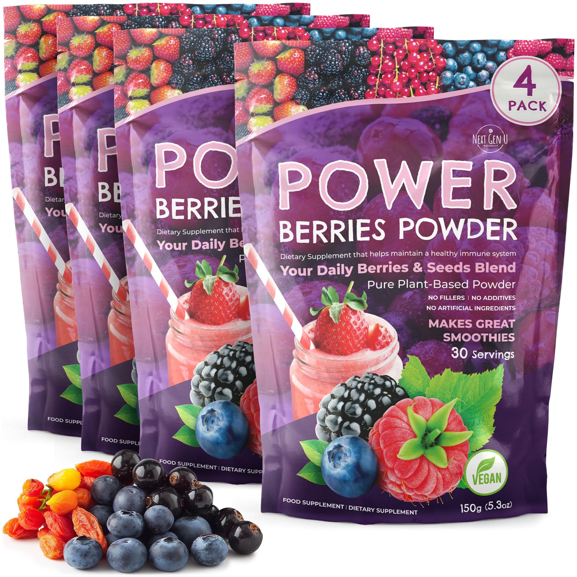 Super Berry Powder - 4 Pack, 150g Each - Immune Support - Food Supplement - Superfood Berries - Smoothie Mix for Shakes - Healthy Boost for Detox Juice Beverages or Any Drink - by NextGenU
