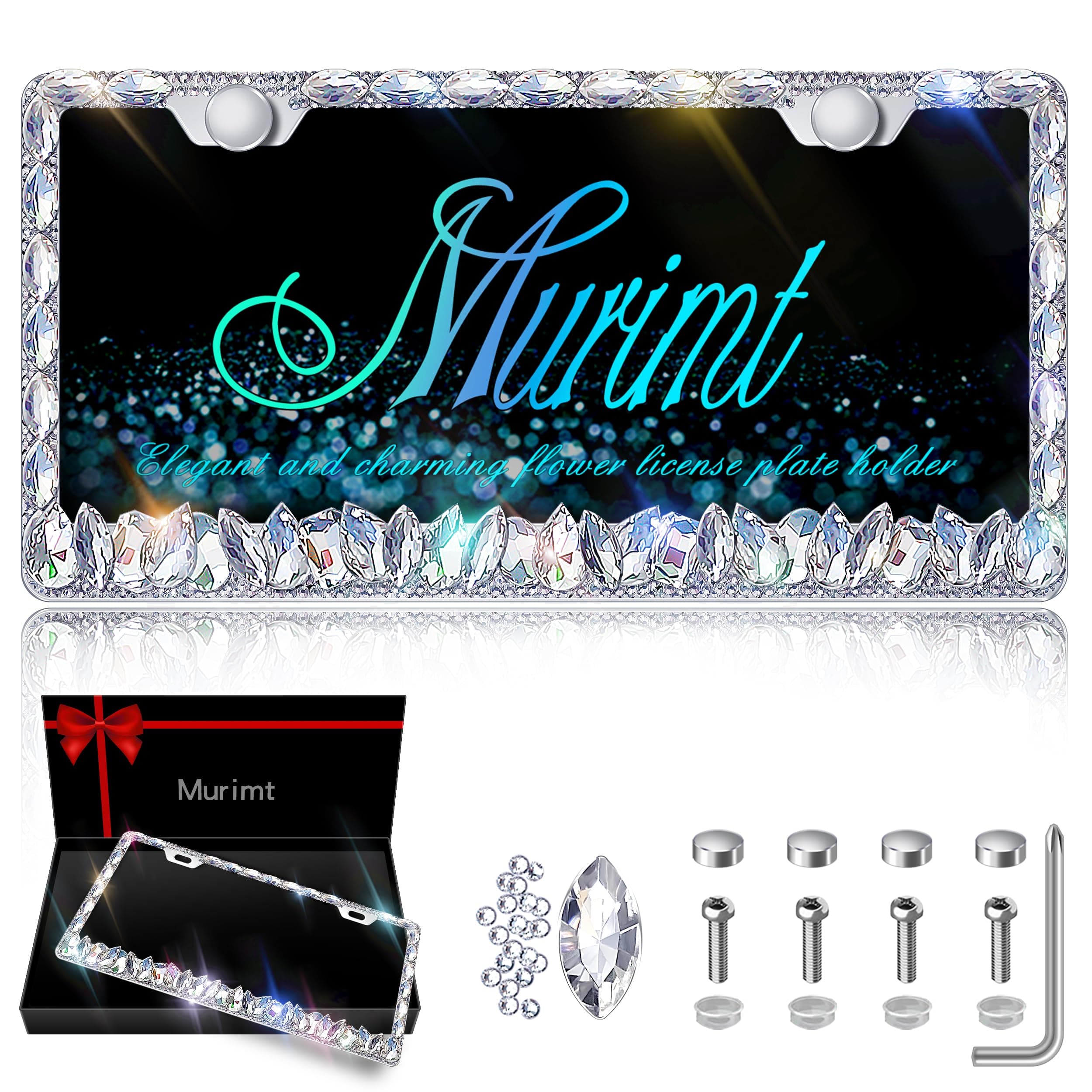 Murimt Rhinestone License Plate Frames 2 Pack Sparkly Glitter Bedazzled License Plate Frame Bling License Plate Holder Cover - High End Gift Box Packaging Bling Car Accessories for Women