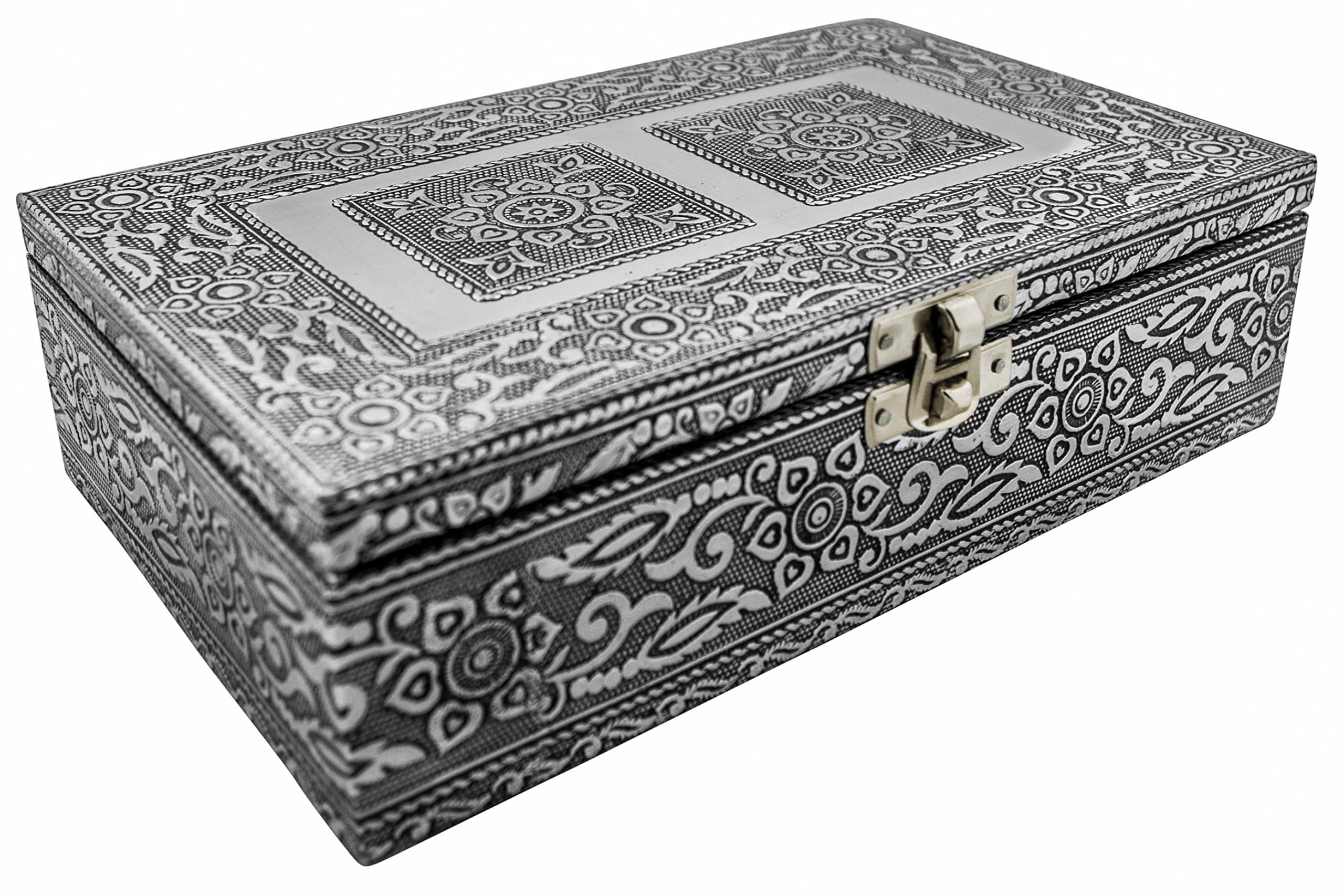 VGI Elegant Jewelry Box with Hammered Metal Cladding and Soft Fabric Interior (Flower, Silver Finish)