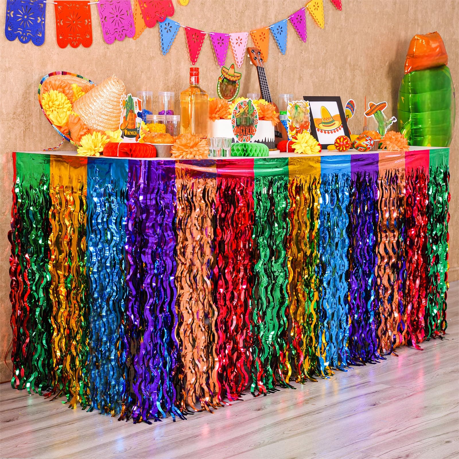 Mega-L Fiesta Party Decorations, 2 Pack Cinco de Mayo Decorations Taco Party Decorations Wavy Metallic Tinsel Foil Fringe Table Skirts, Mexican Themed Photo Booth Props Birthday Loteria Table Decor