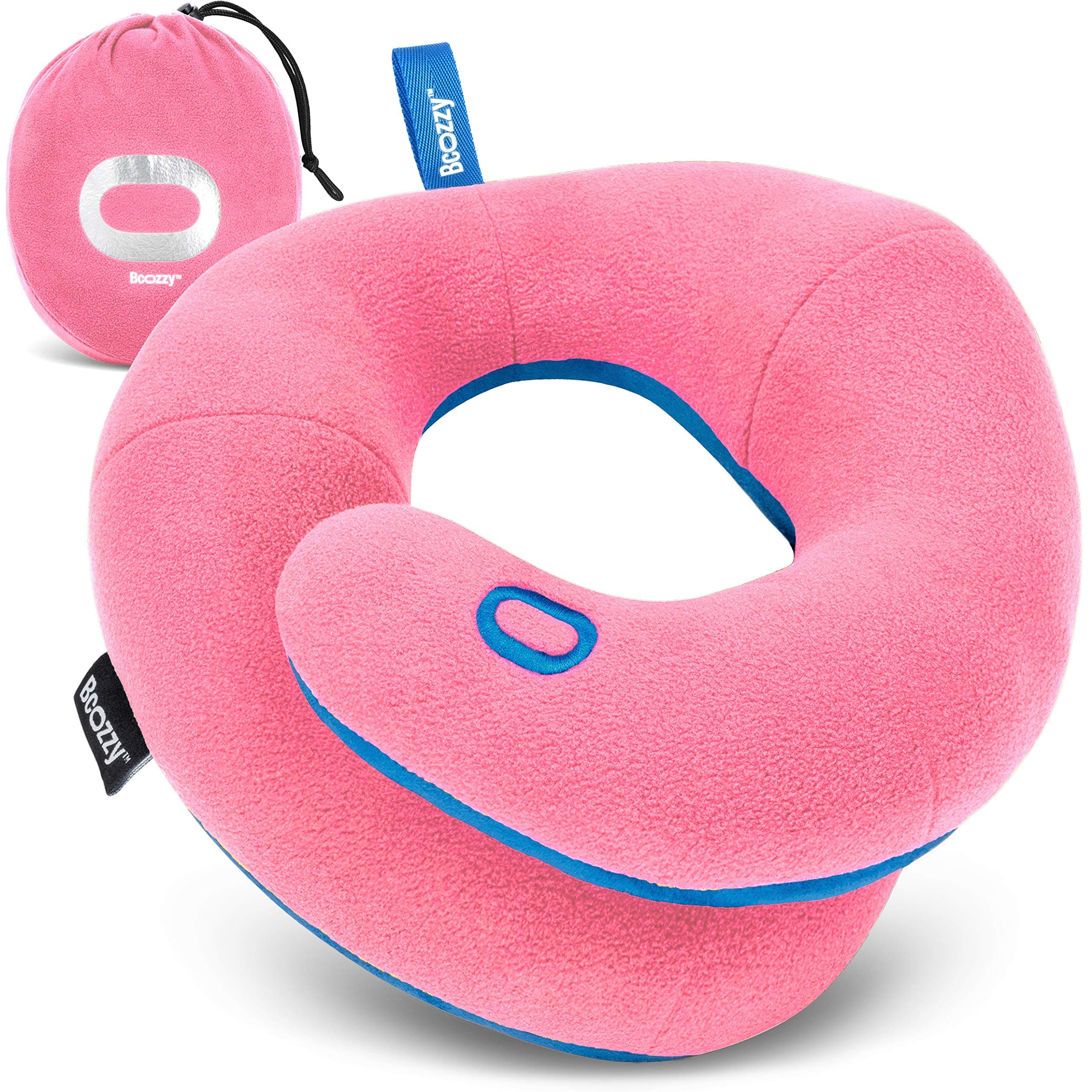 BCOZZY Kids Chin Supporting Travel Pillow for Ages 3–7- Patented Soft Neck Pillow for Head and Chin Support in Car Seat and Airplane. Comfortable Travel Essential. Small Size, Bag, Pink