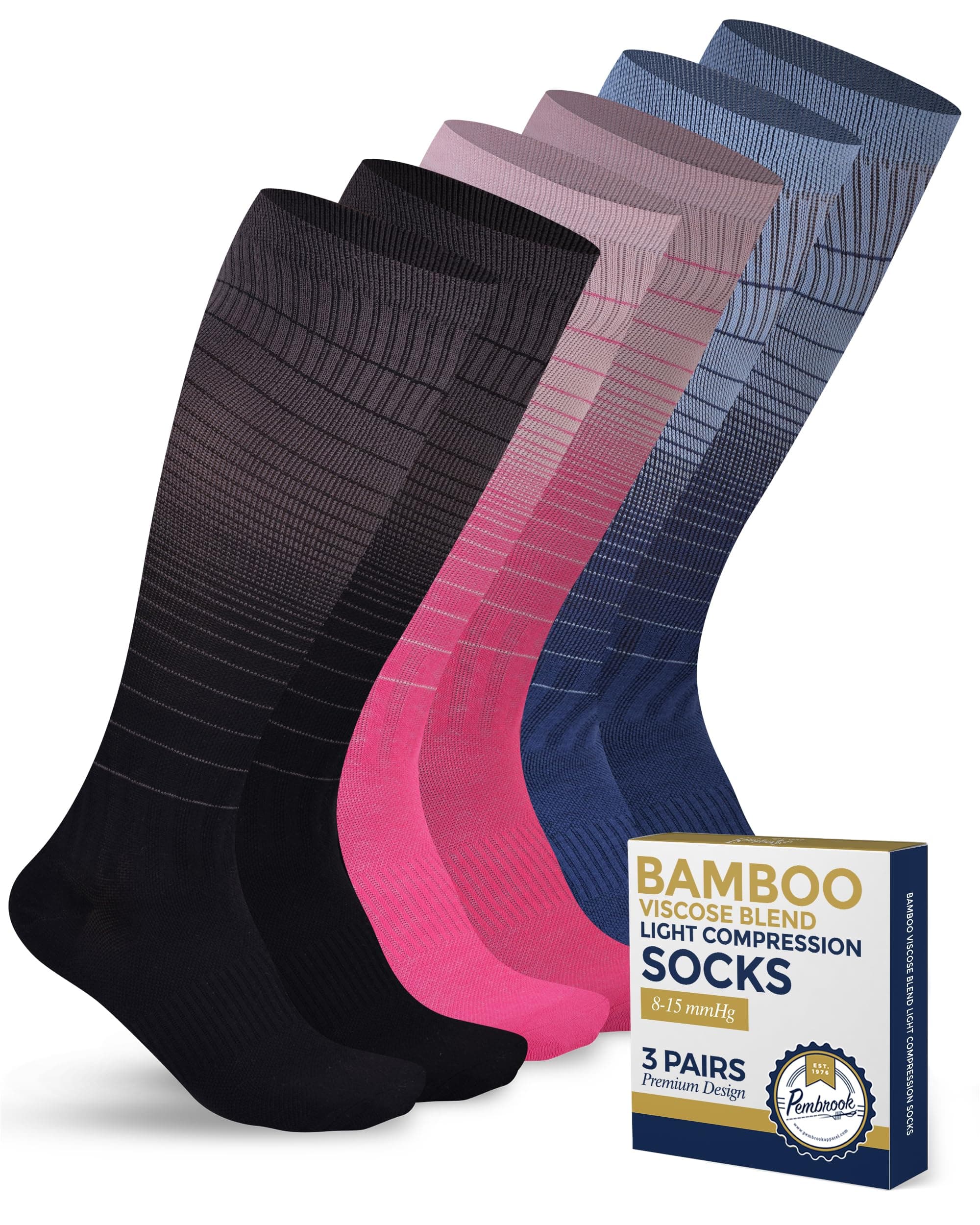 Bamboo Viscose Light Compression Socks - 3 Pairs | 8-15 mmhg Compression Socks | Knee High Comfort Support Socks
