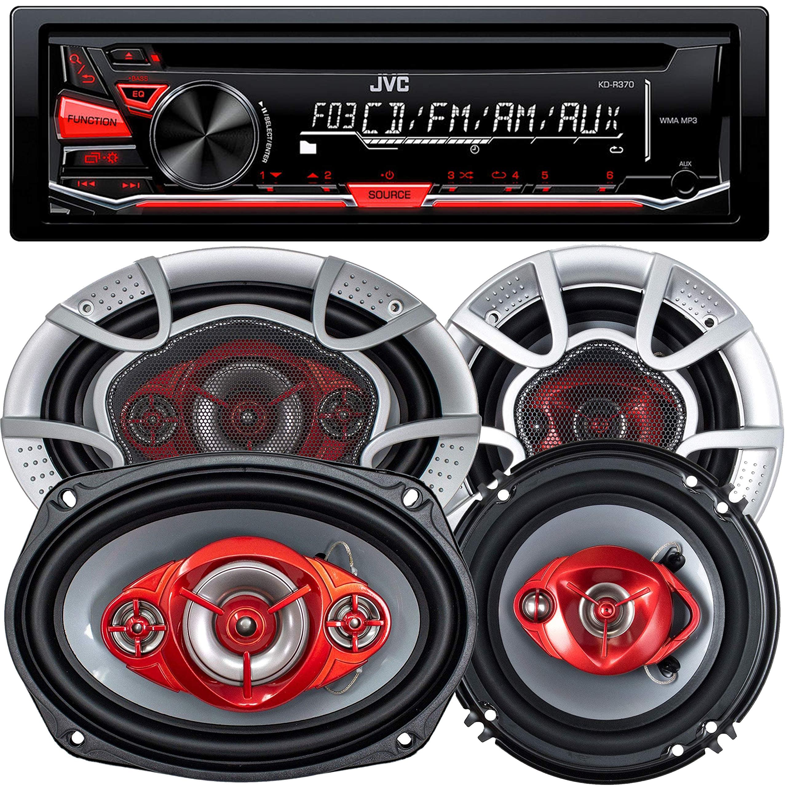 JVC KD-R370 Single Din in-Dash CD/Am/FM/Car Stereo W/Detachable Faceplate + 520 Watts 6x9 Inches (2 Speakers) + 350 Watts 6 Inches (2 Speakers)