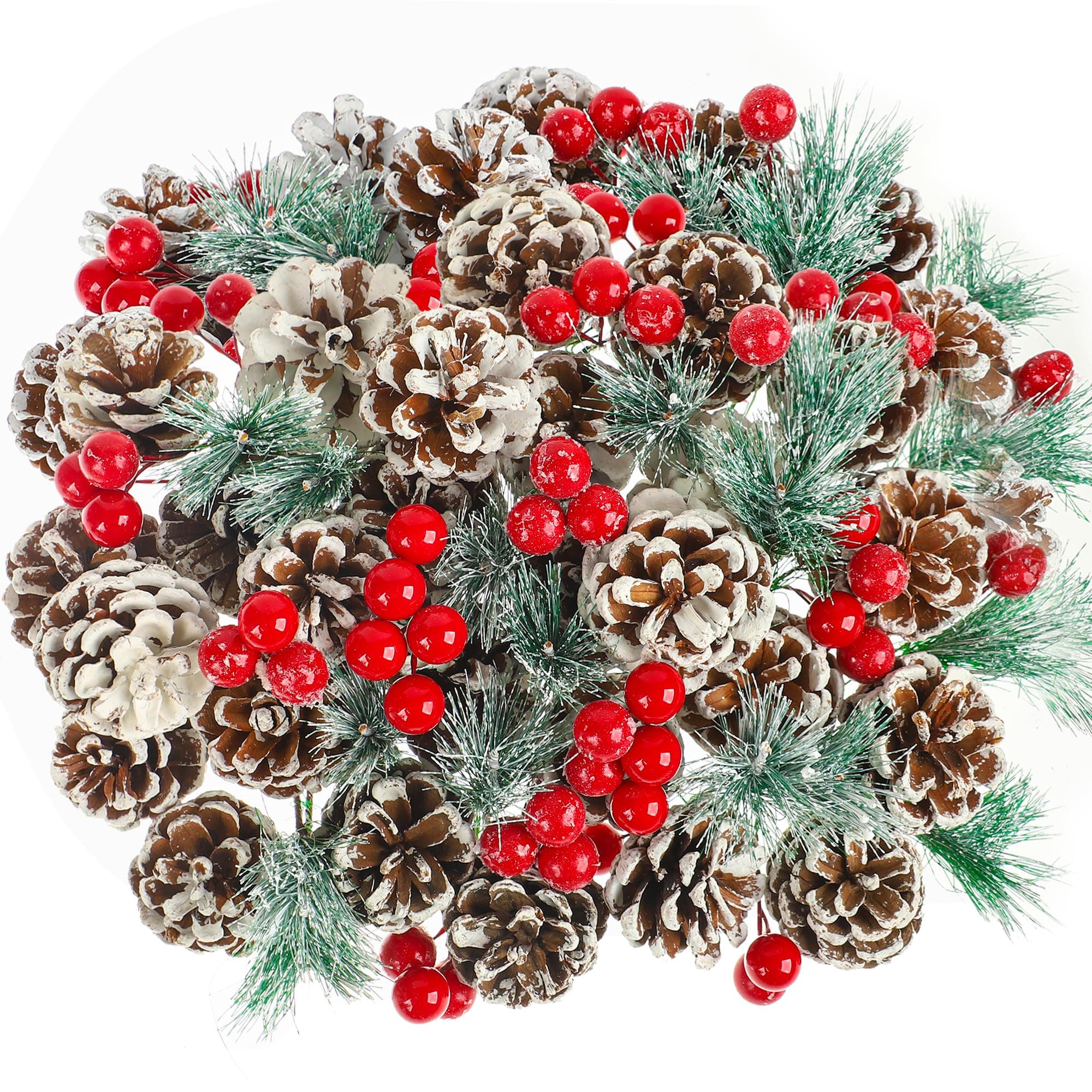 108 Pcs Christmas Artificial Pine Cones Berry Pines Branch Set Red Berries Natural Snow Pinecones Branches Pine Needles Winter Holiday Ornament for Xmas Tree Wreath Garland Crafts Home Party Supplies