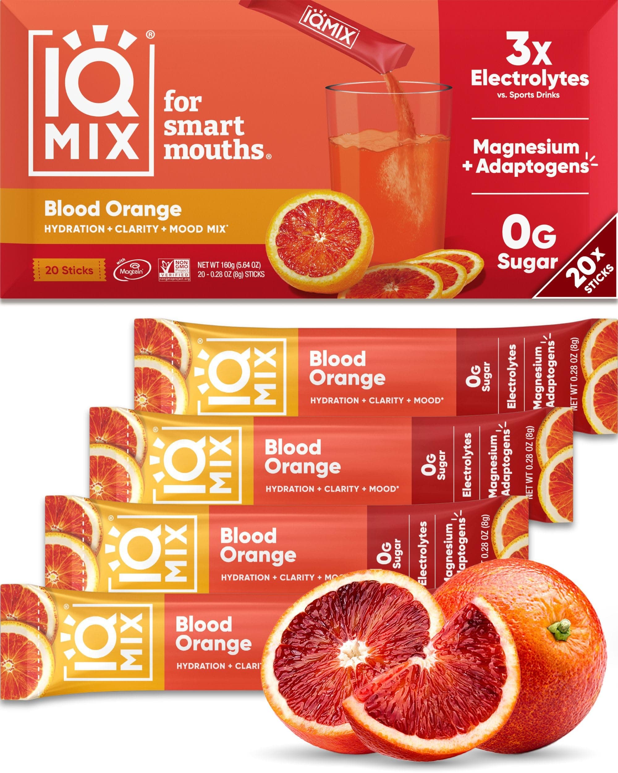IQ BAR IQMIX Sugar Free Electrolytes Powder Packets - Hydration Supplement Drink Mix with Keto Electrolytes, Lions Mane, Magnesium L-Threonate, and Potassium Citrate - Blood Orange (20 Count)