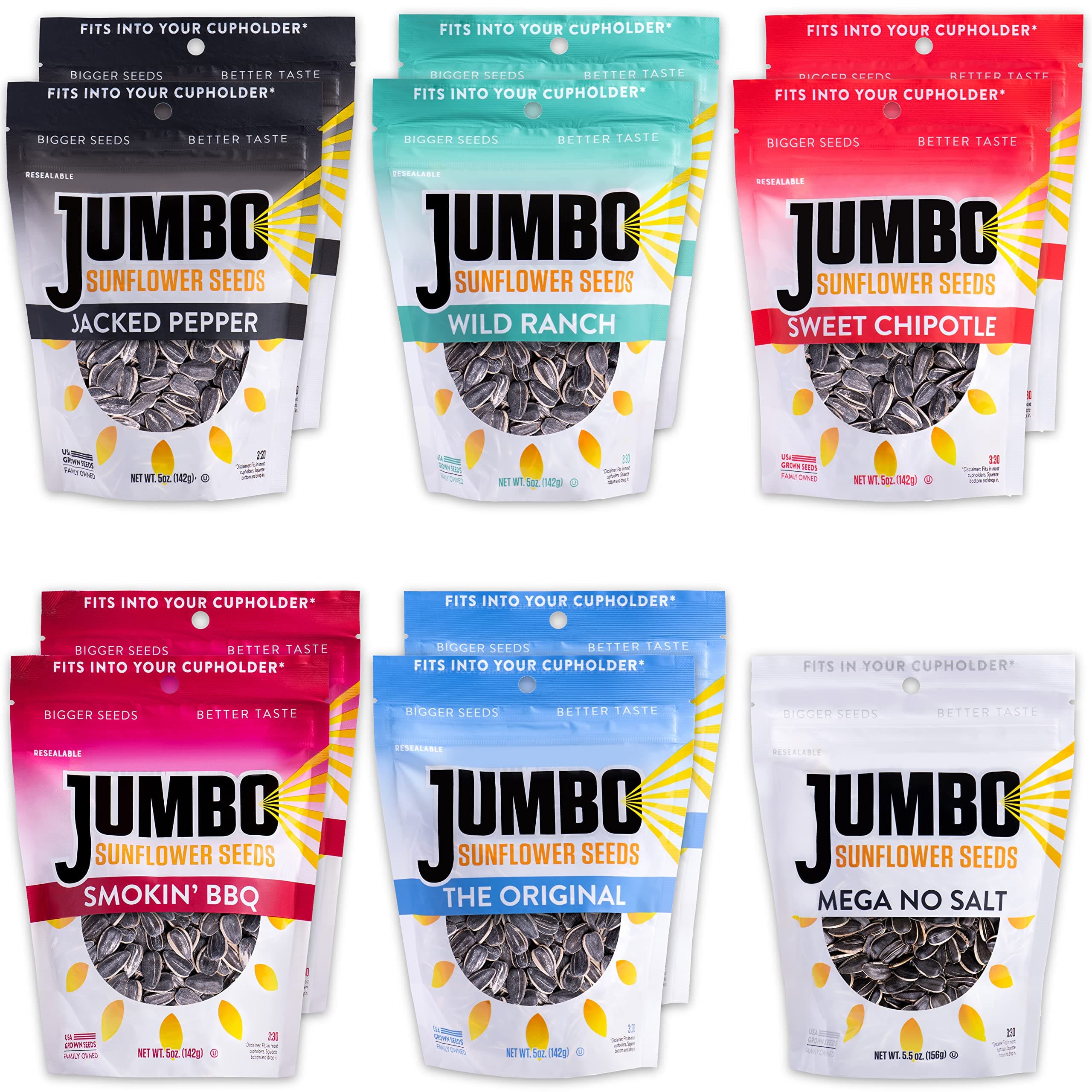 JUMBO SUNFLOWER SEEDSSampler Pack - Original, Ranch, Pepper, BBQ, Chipotle, No Salt (11 Bags)