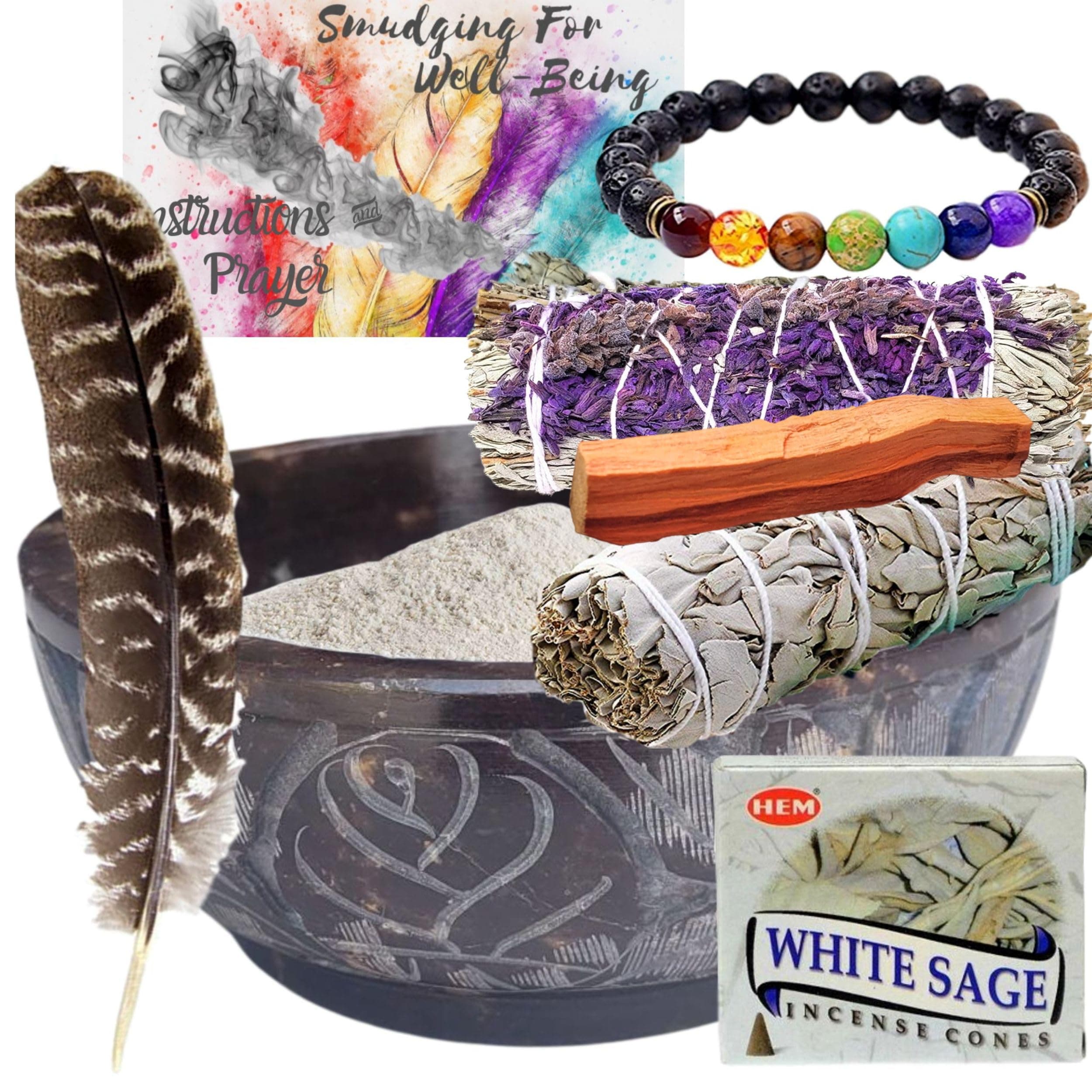 Soapstone Ultimate Incense Burner Smudge Bowl 8 Pc Sage Smudge Kit Altar Set: White and Blue Sage, Diffuser Bracelet, Feather, Sand, Incense Cones, Smudging, Scrying, Cleansing (Sage Ultimate Kit)