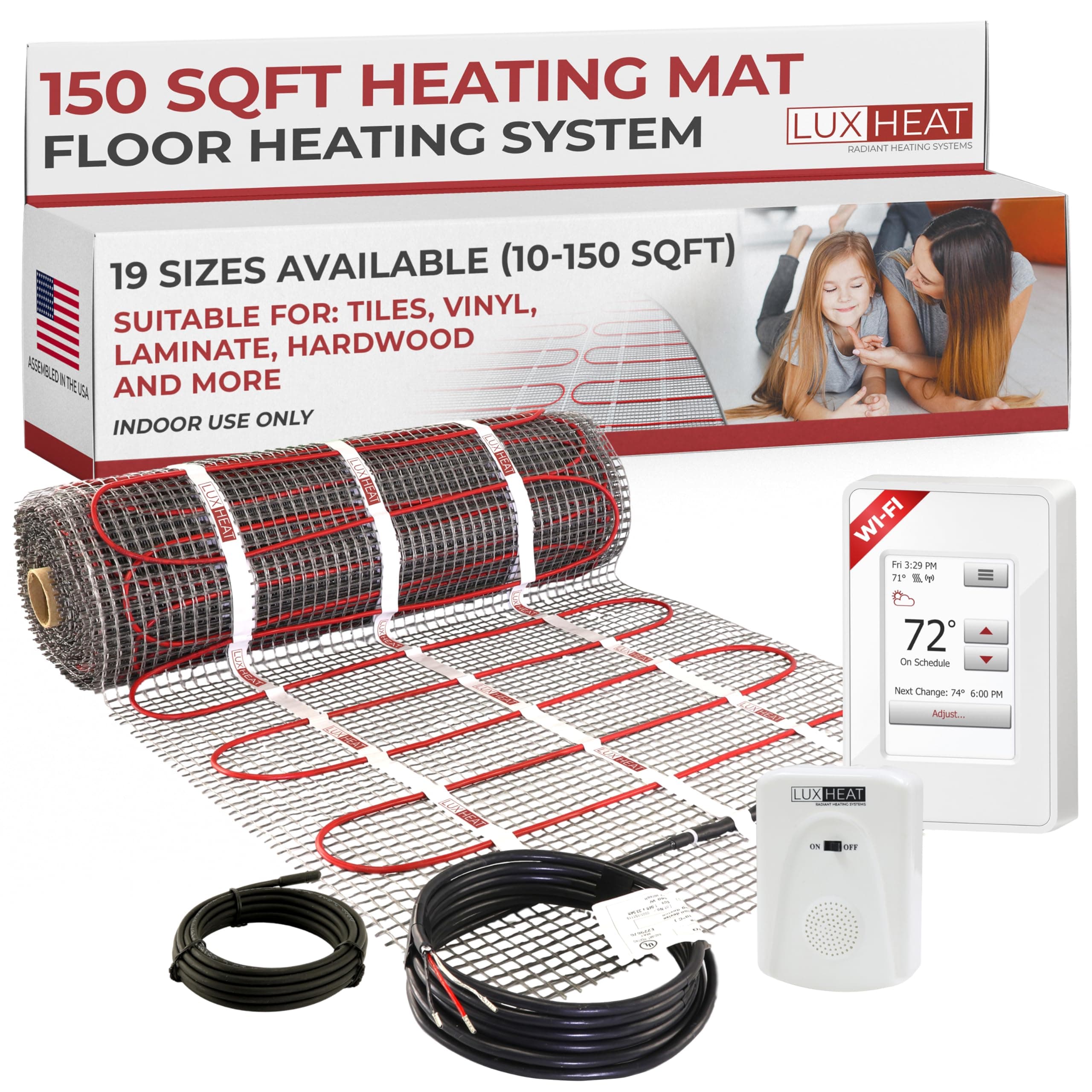 150sqft Floor Heating Mat Kit - 120v Underfloor Heating System - Electric Radiant Heated Flooring System for Tile & Laminate - Includes UWG4 WiFi Programmable Thermostat w/GFCI, Alarm & Sensor