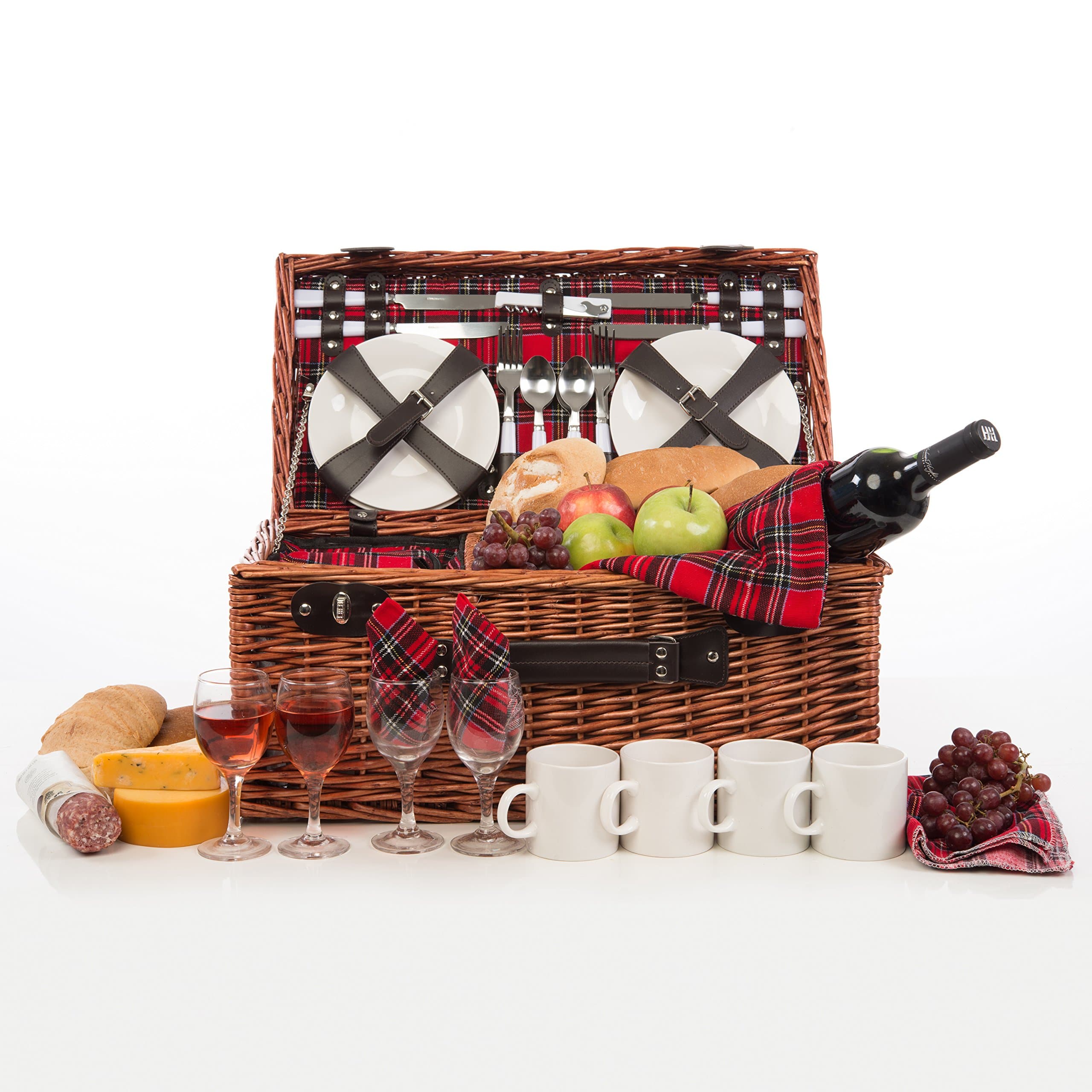 Weirwood Deluxe Modern Wicker Picnic Basket Hamper Set Includes Flatware, Cheese Plates, Ceramic Mugs, Handkerchiefs, and Free Checkered Blanket