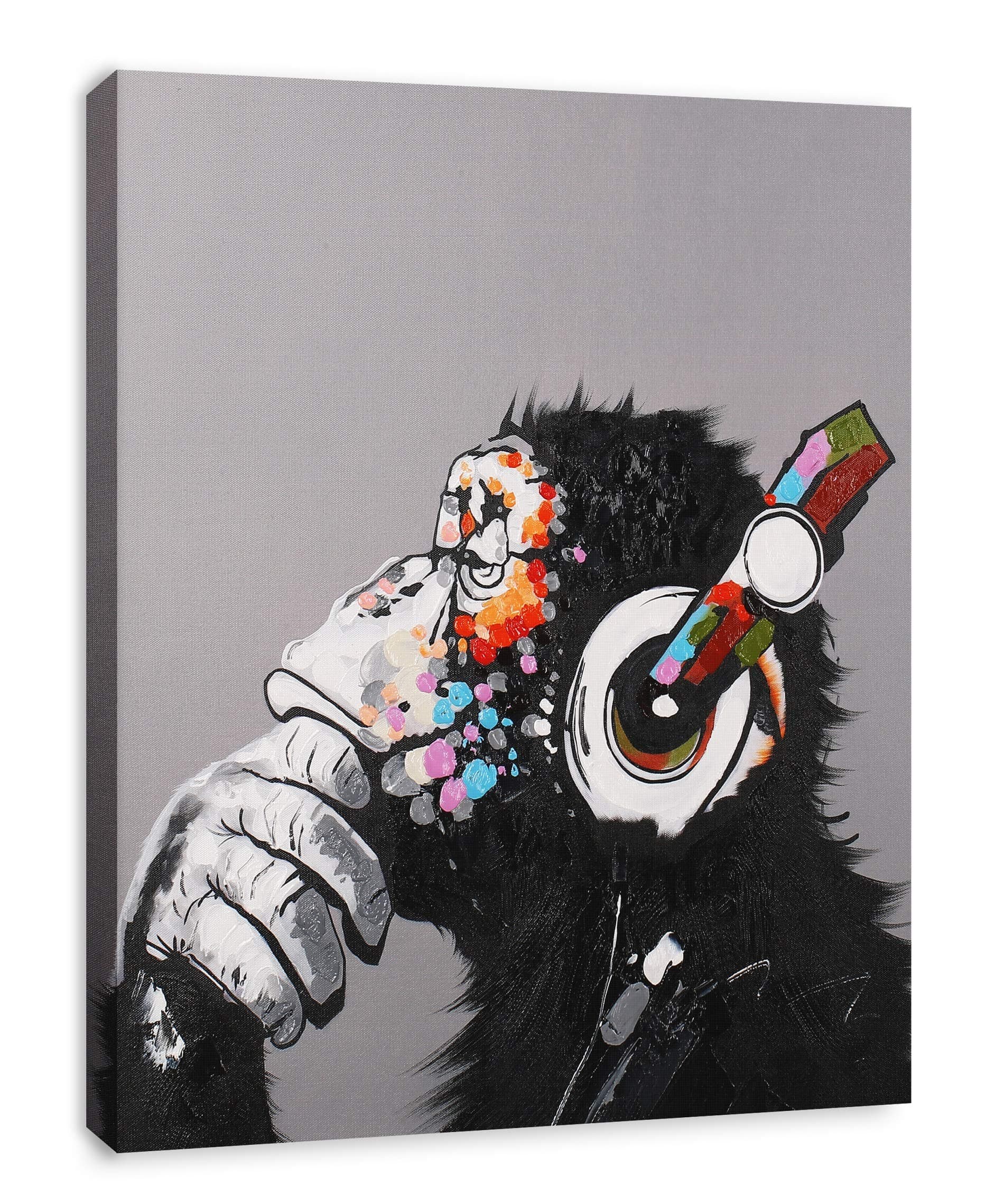 Art Hub Modern Pop Decor - Framed - Thinking Monkey With Headphones Canvas Print Home Decor Wall , Gallery Wrap Inner Frame, 7x9