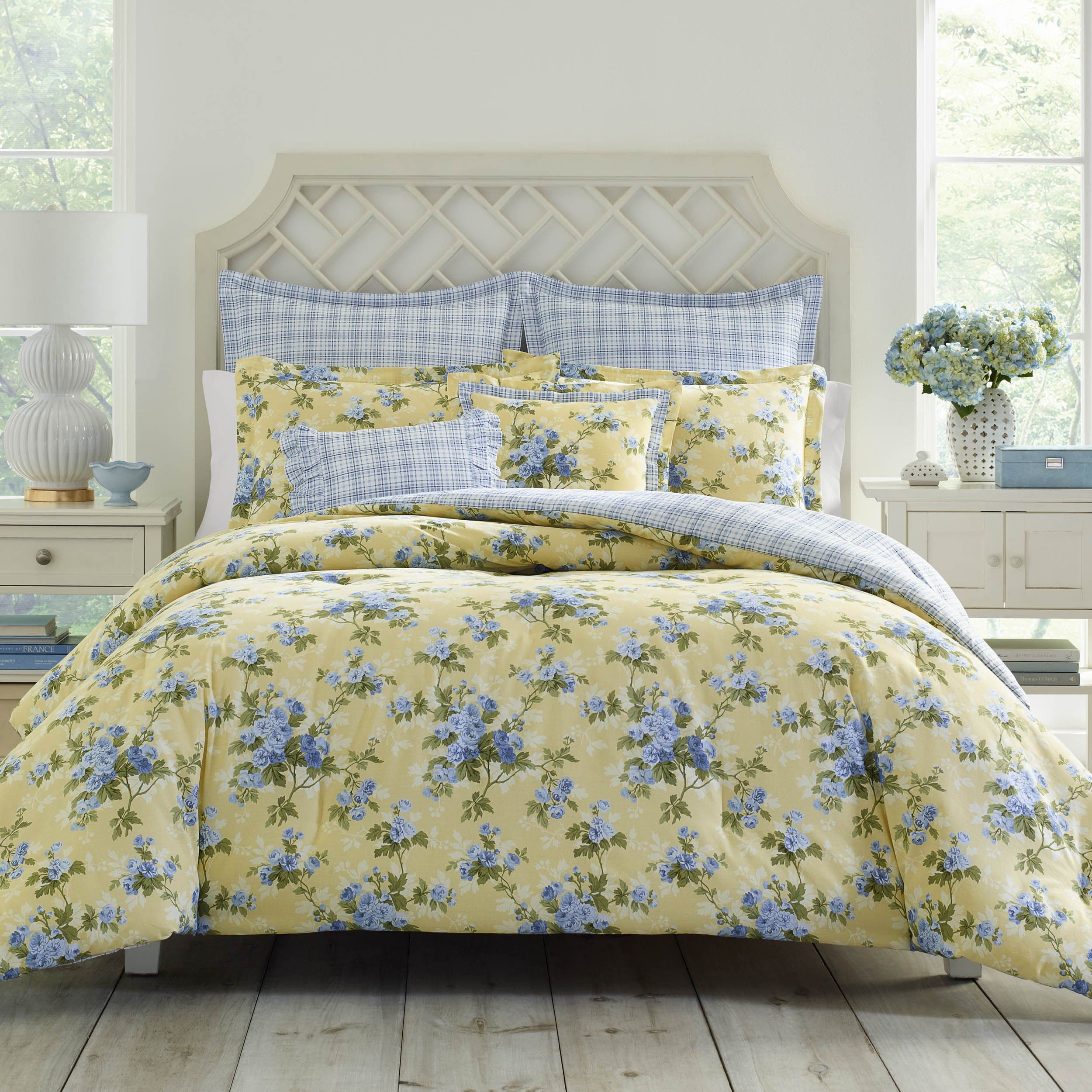 Laura Ashley - Twin Comforter Set, Cotton Reversible Bedding, Includes Matching Sham with Bonus Euro Sham & Throw Pillows (Cassidy Yellow, Twin)