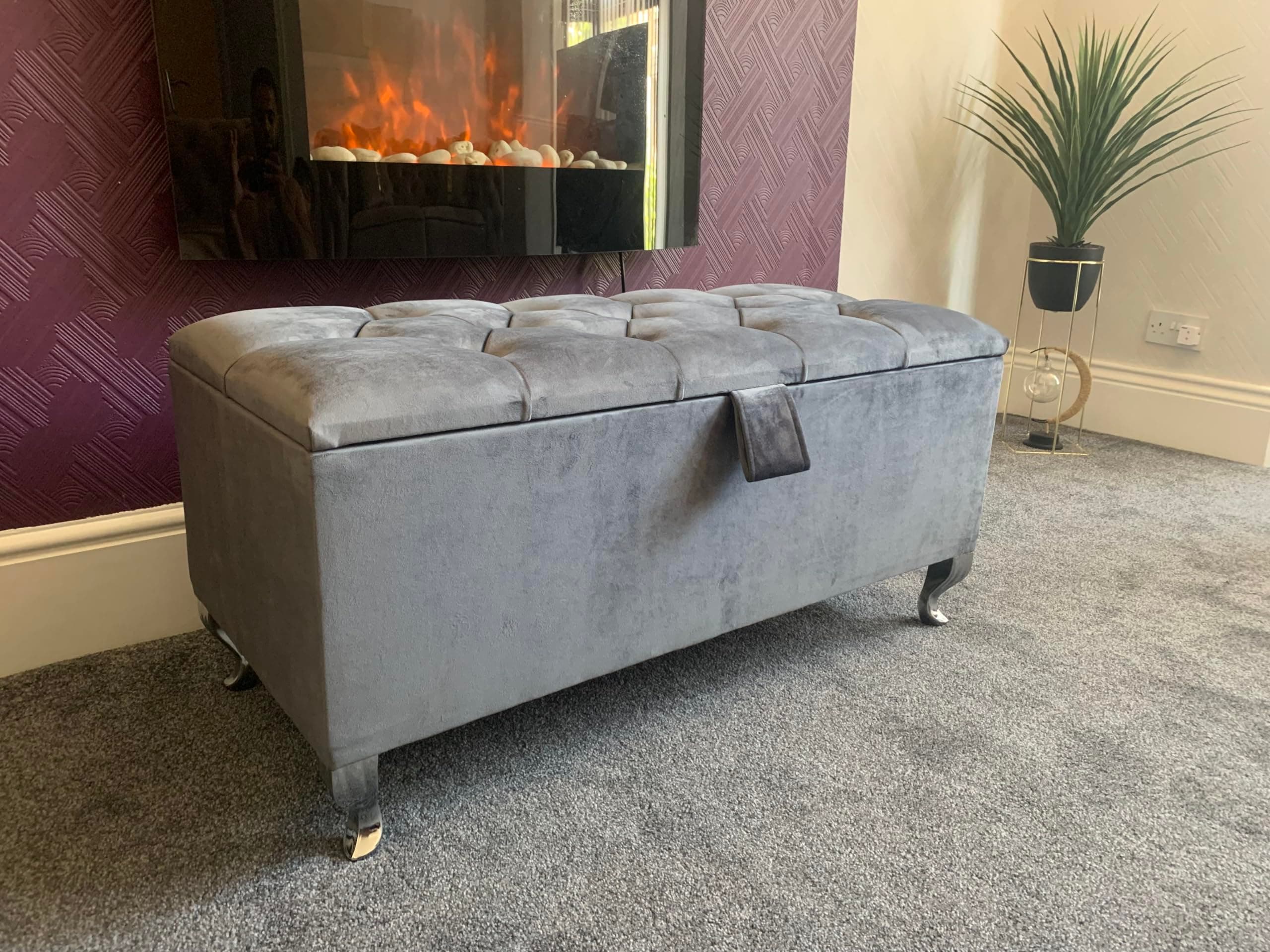 Ottoman Storage Box - Engineered Wood Fabric Buttons Luxurious Plush Velvet Ottoman Storage Bench, Perfectly Designed Ottoman for Bedroom Storage (Grey Plush, Legs)