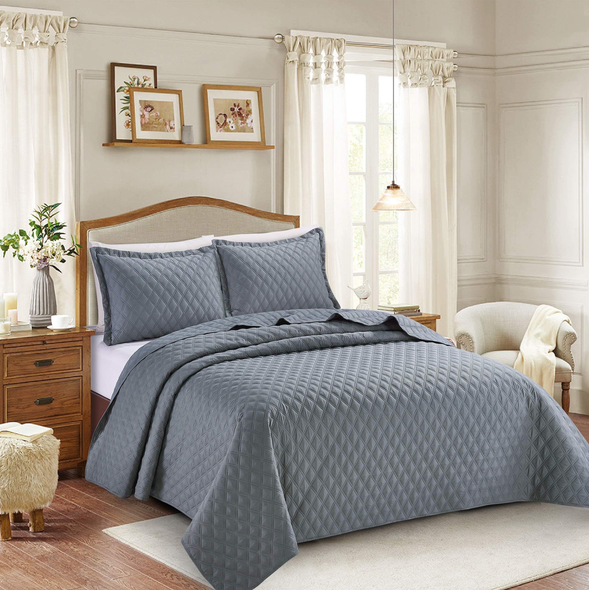 PRIME LINENS 3 Piece Inspiration Quilted Bedspread Embossed Pattern Comforter Bedding Set Bed Throw with Pillow Case (Grey, King 3 Piece)
