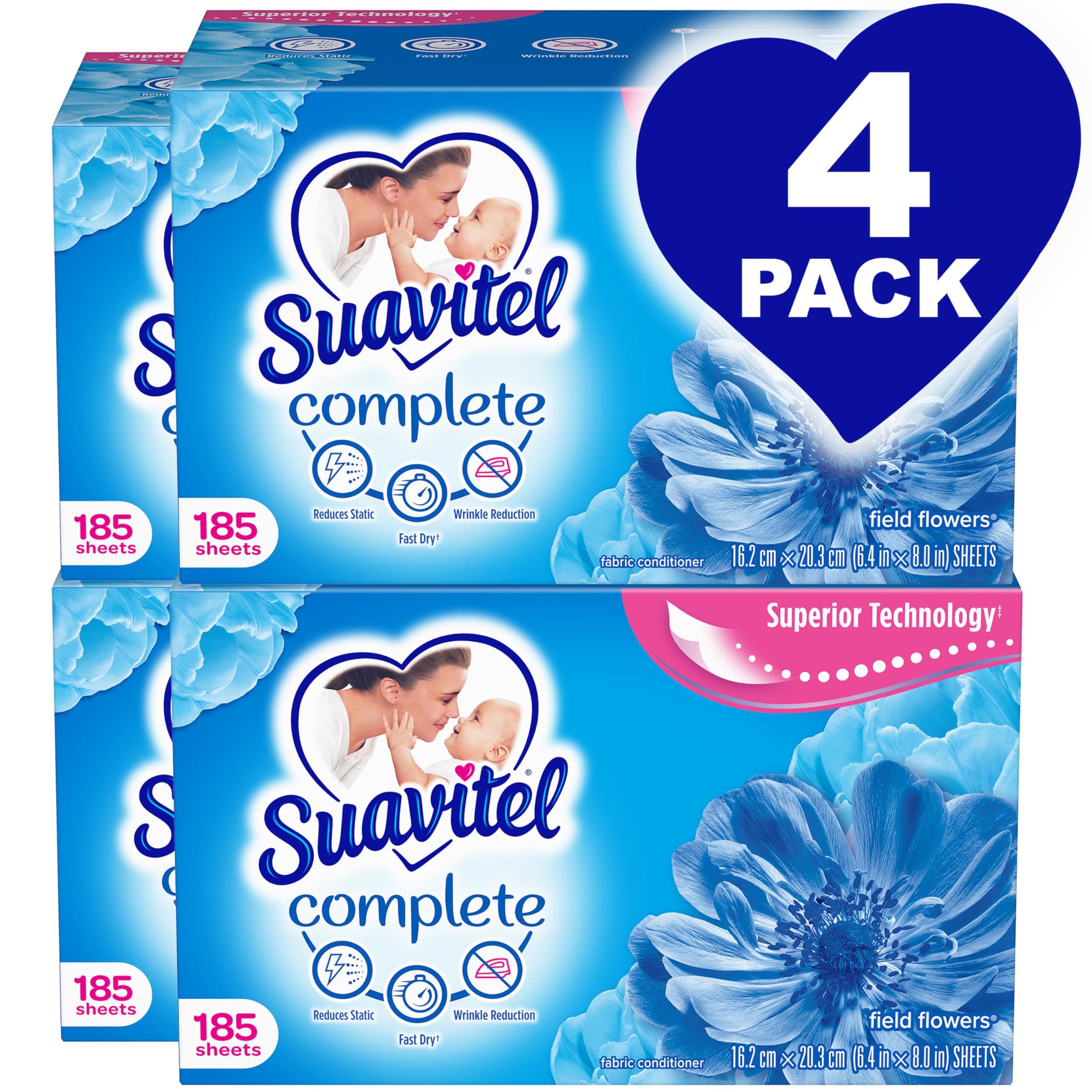 Suavitel Complete Fabric Softener Dryer Sheets Field Flowers 185 count, 4 Count