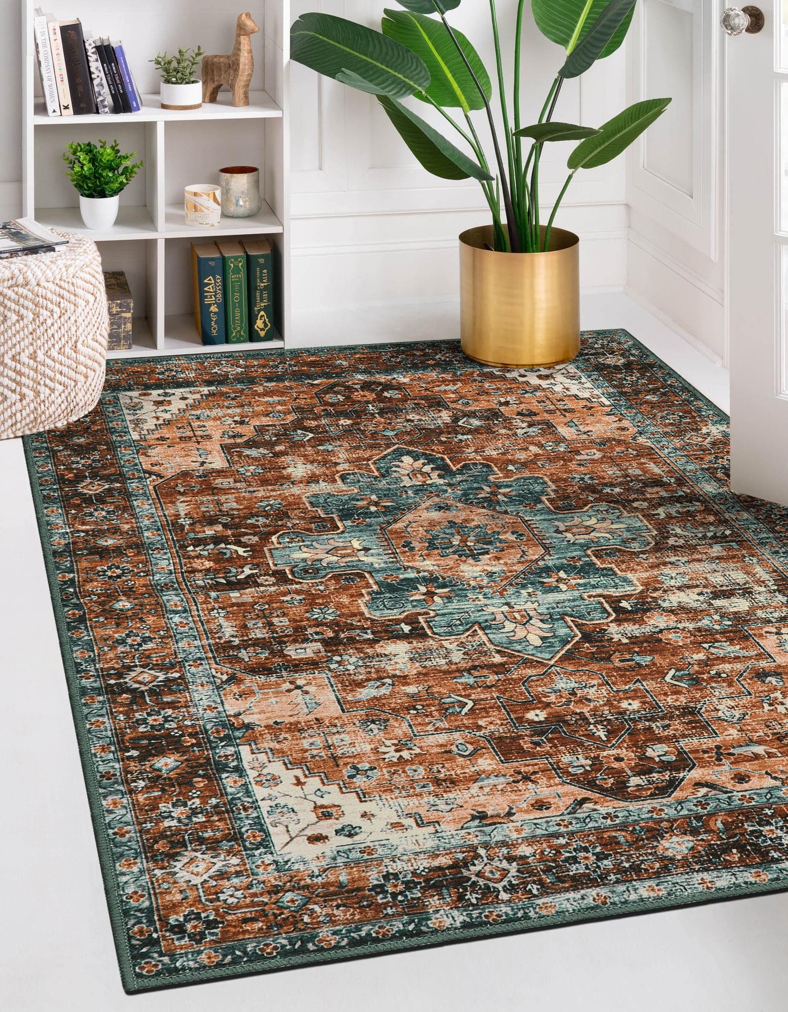 Ultra-Thin Washable Vintage Area Rug - 5x7 Large Boho Non-Slip Rug for Bedroom Living Room Oriental Medallion Non-Shedding Print Floor Carpet for Dining Room Home, Brick Red/Dull Teal