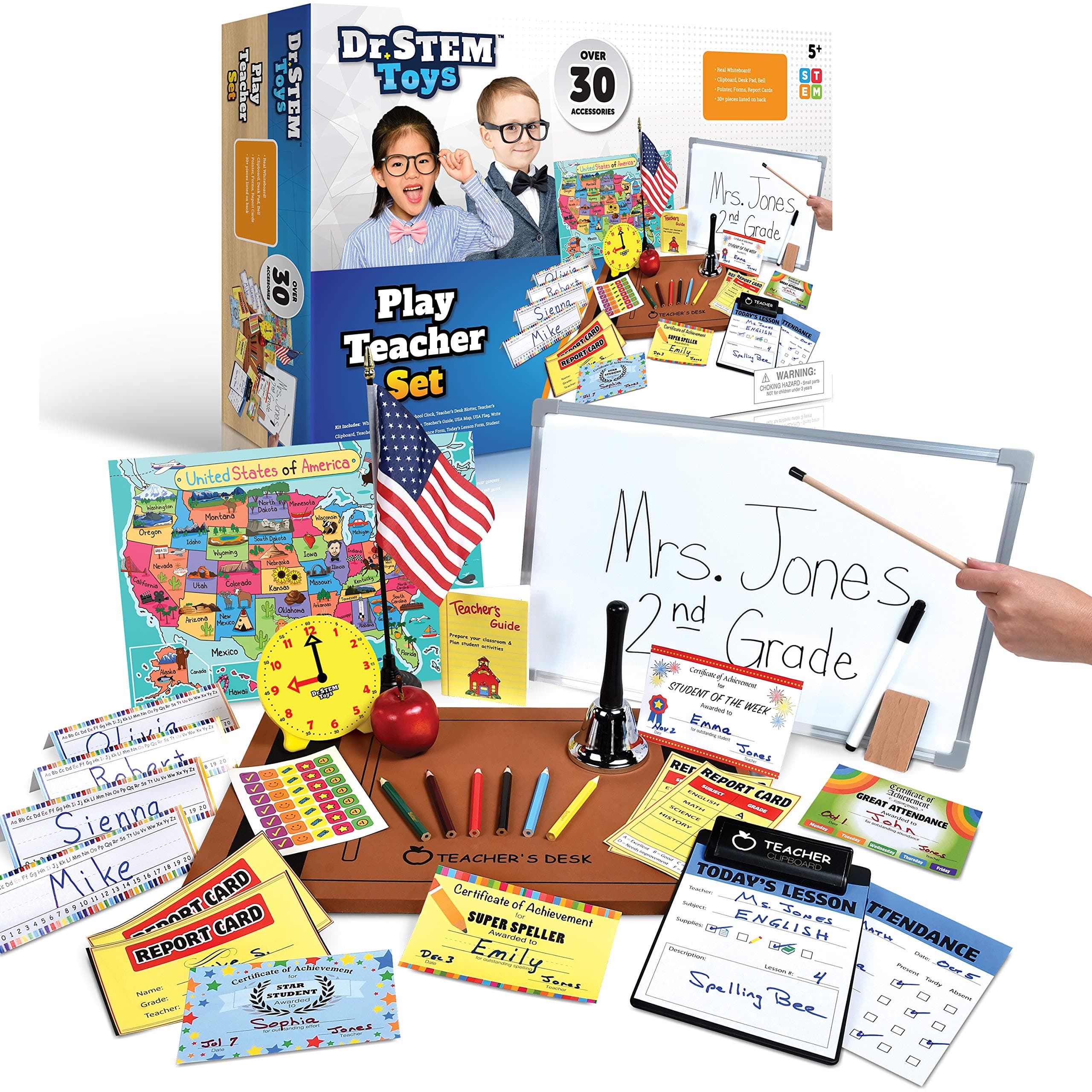 Play Teacher Role-Play Set Includes Reusable White Board, Bell, Report Cards, for Home or Classroom, Over 30 Pieces Included, Gift for Kids, Complete Set