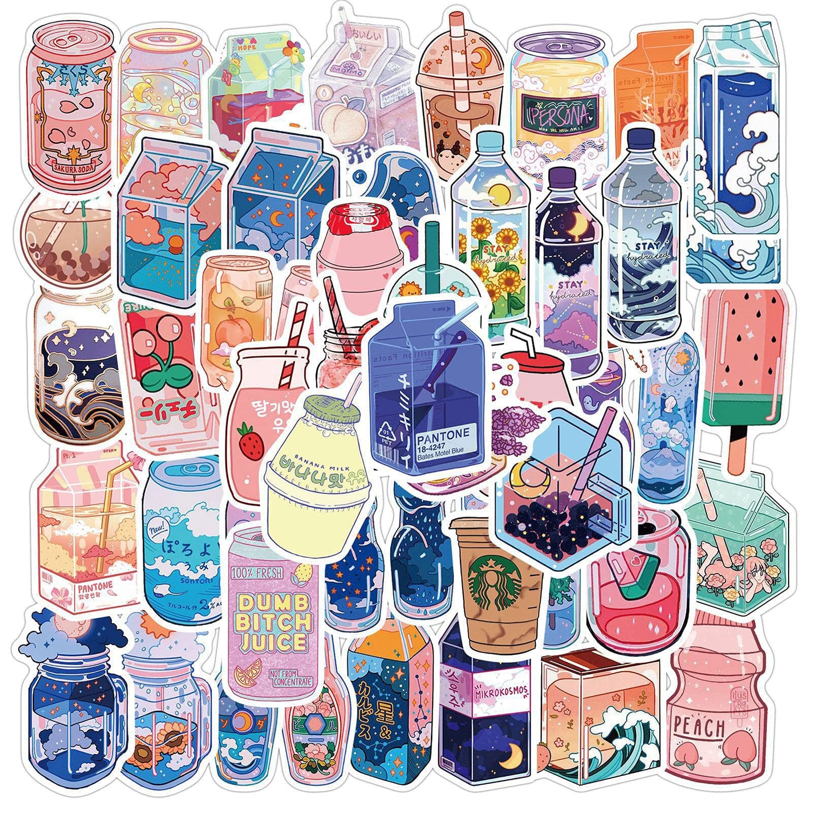 Decorative Wall Art, 50PcsBag Beverage Stickers Water-Proof Cute Pink Blue PVC Vinyl Sticker, 2