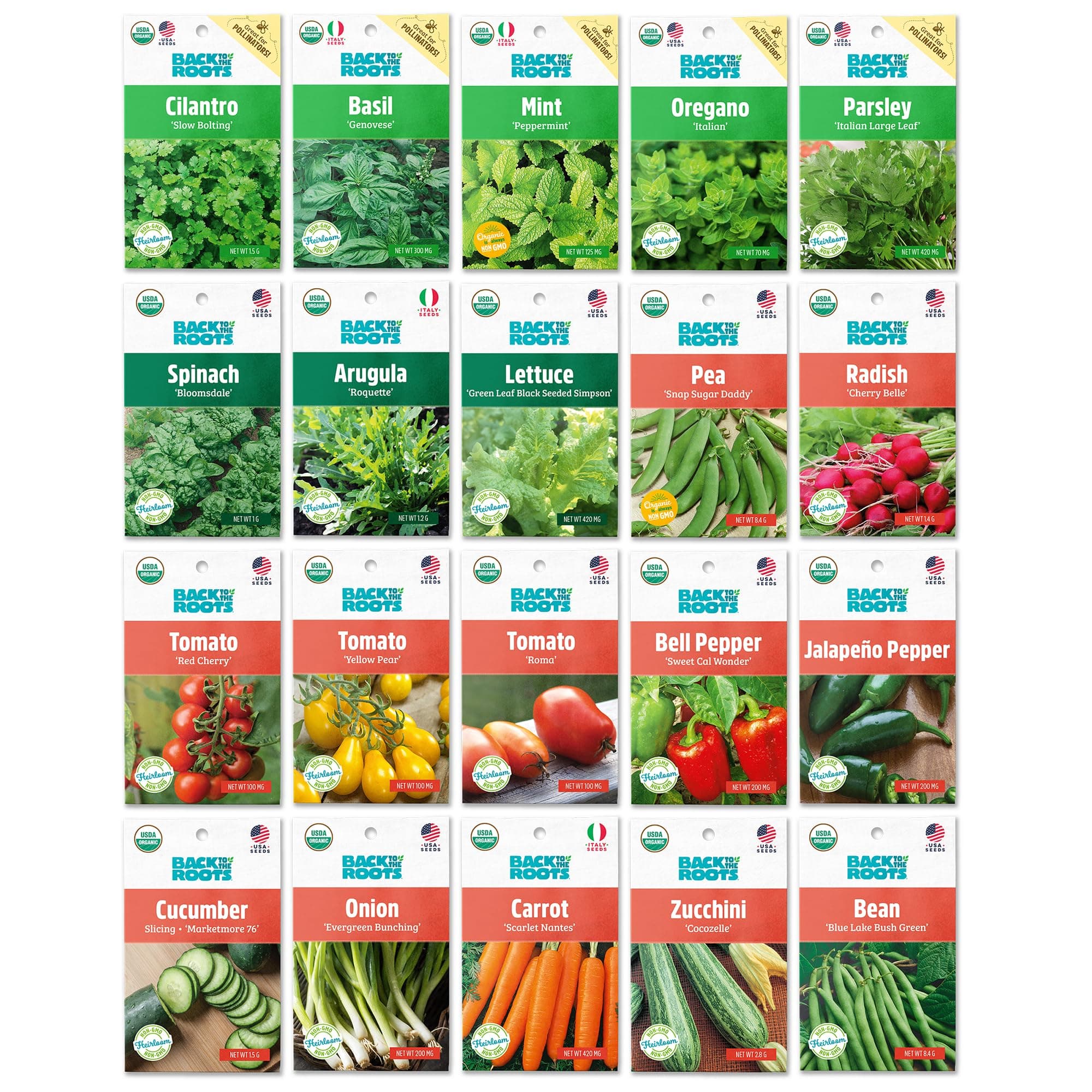 Back to the Roots Organic Seed Bundle - Herbs and Vegetables Variety Pack for Planting - Assorted Non-GMO Seed Mix for Beginner Indoor and Outdoor Gardening, (Pack of 20)