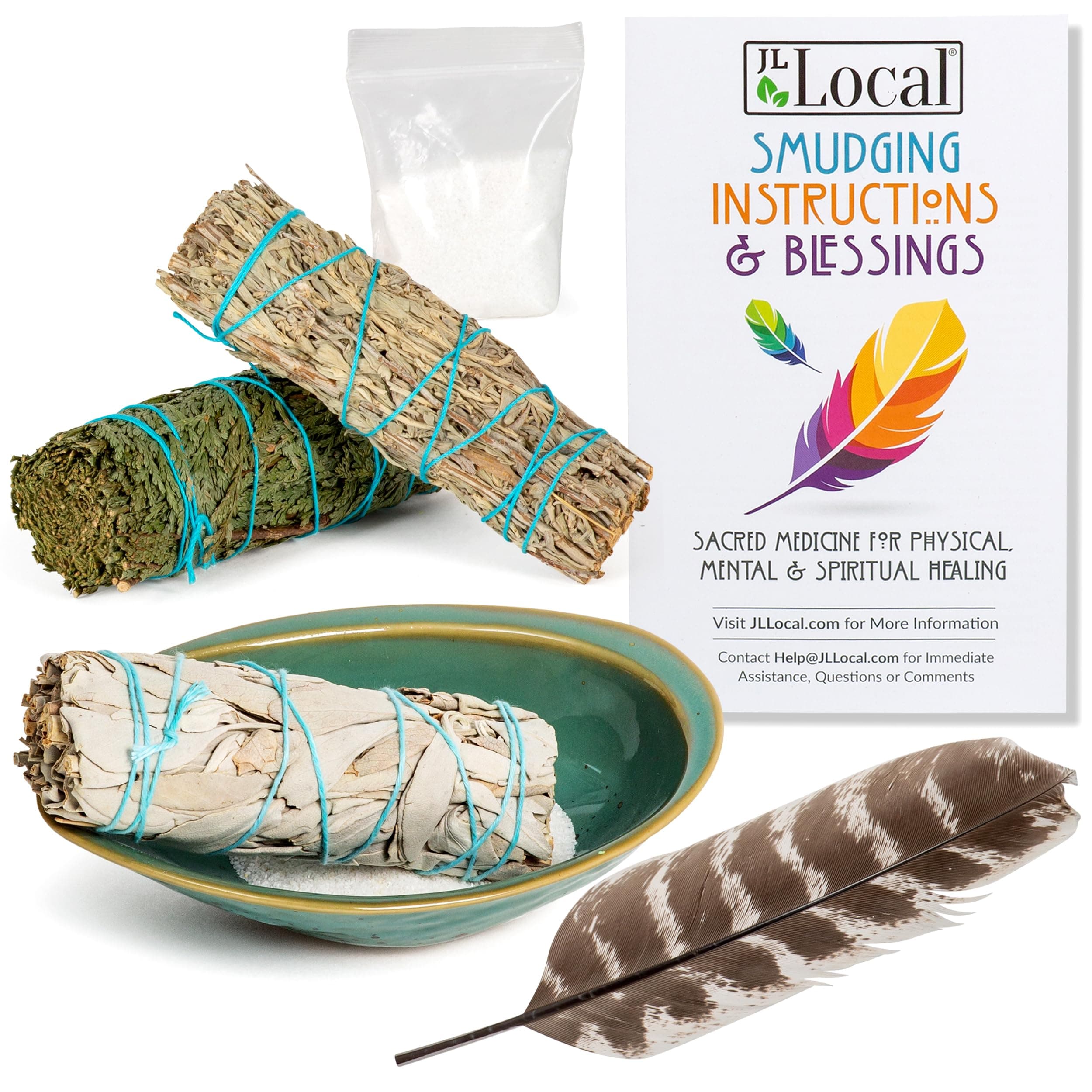 3 Sage Smudging Kit - White Sage, Blue Sage & Cedar | Smudge Kit with Ceramic Abalone Shell, White Sand, Feather & Instructions, Blessings (White, Blue & Cedar)