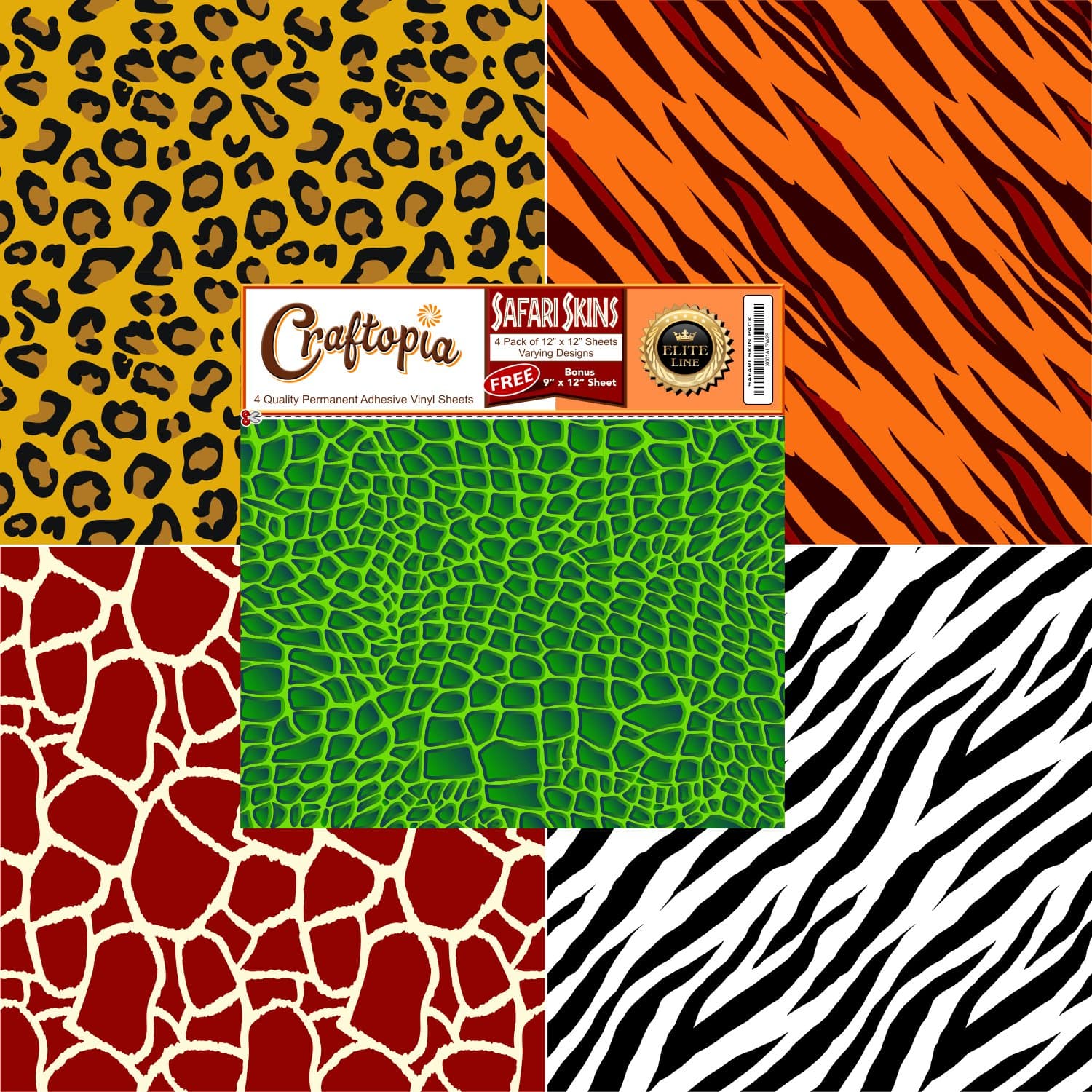 Safari Patterned Vinyl Sheets Animal Prints 4 Pack | Leopard Cheetah/Tiger Giraffe Zebra Tiger Gator Printed Pattern Sheet for Cricut Silhouette Cameo Craft Cutter | Similar to Oracal 651 for Decals