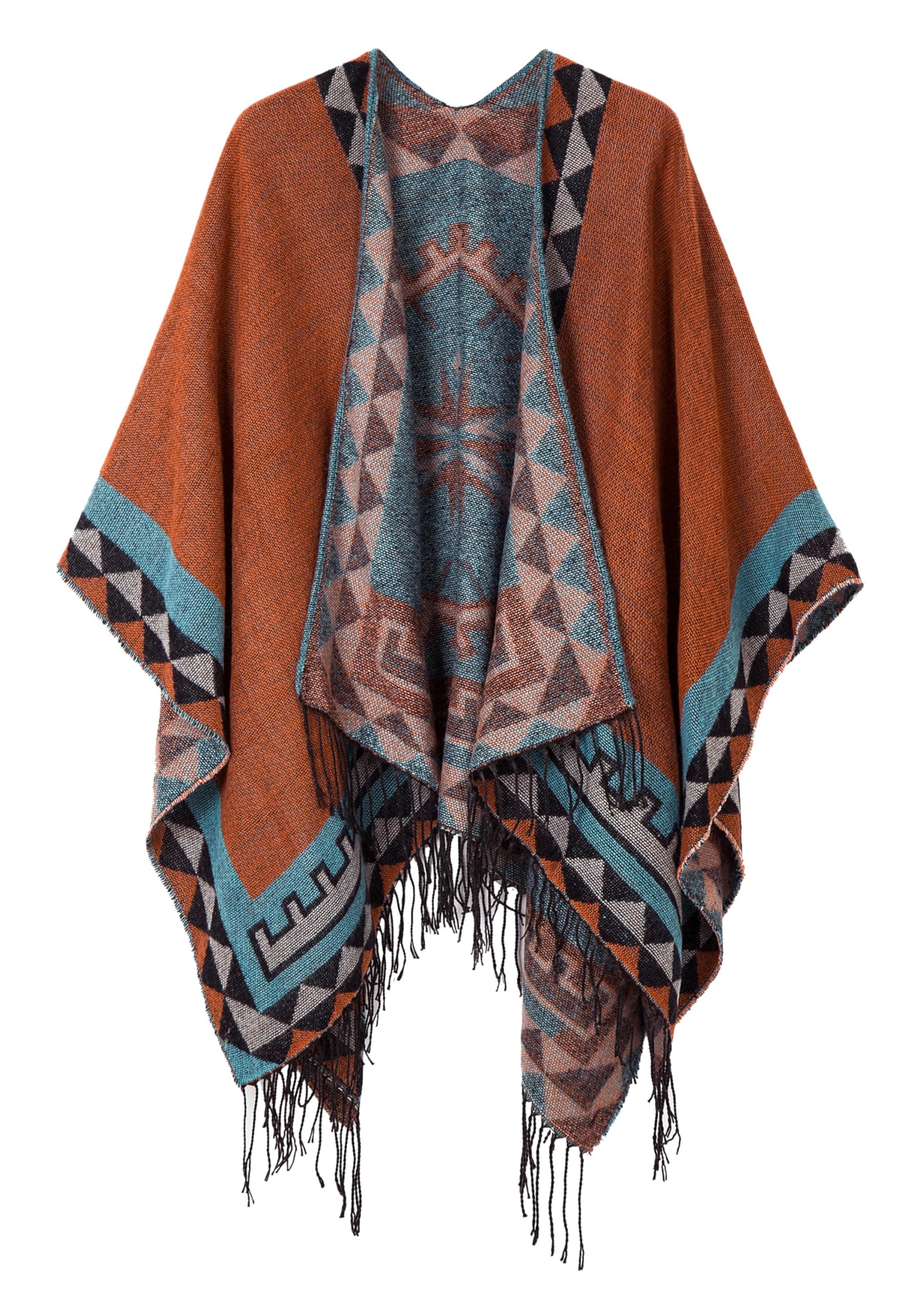 Women's Printed Tassel Open front Poncho Cape Cardigan Wrap Shawl