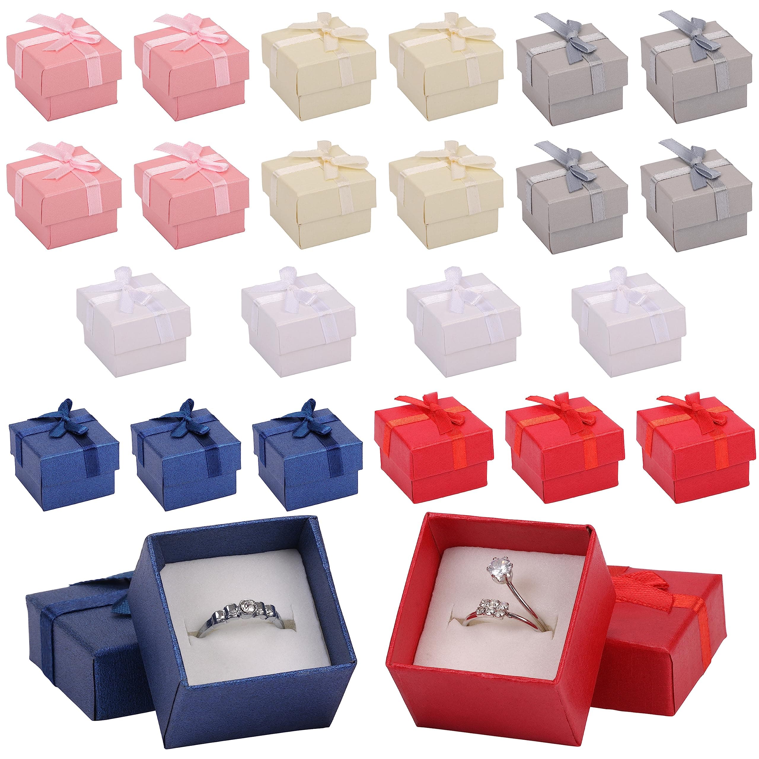 Kurtzy 24 Pack Jewellery Ring Gift Box - 4.1x 4.1cm/1.61x 1.61Inches - Assorted Colour Cardboard Display Boxes with Bow & Velvet Insert - Rings & Earring Case for Anniversaries, Weddings & Birthdays