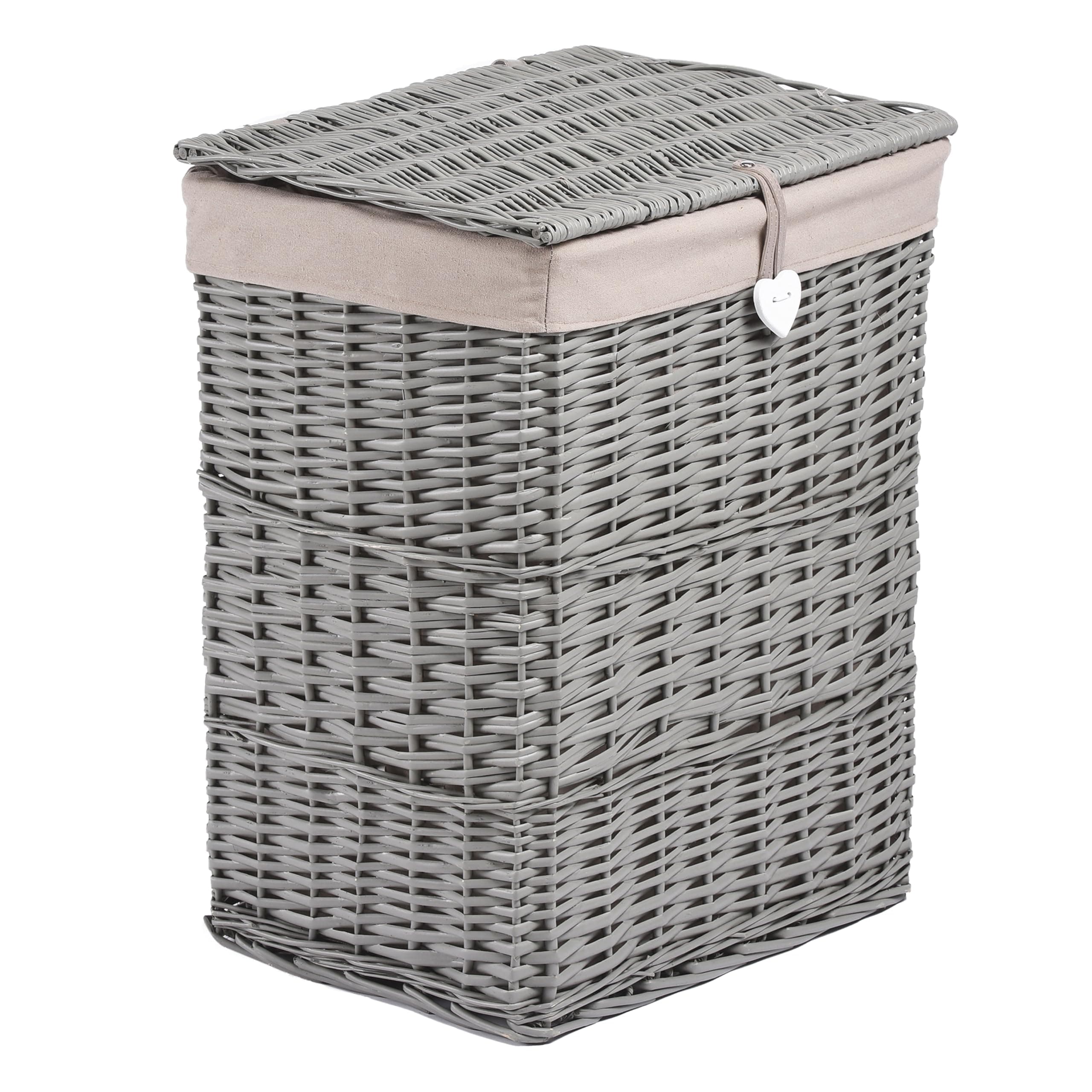 Premium Grey Paint Wicker Laundry Basket Cotton Lining With Lid Bathroom Storage (Grey, Large)