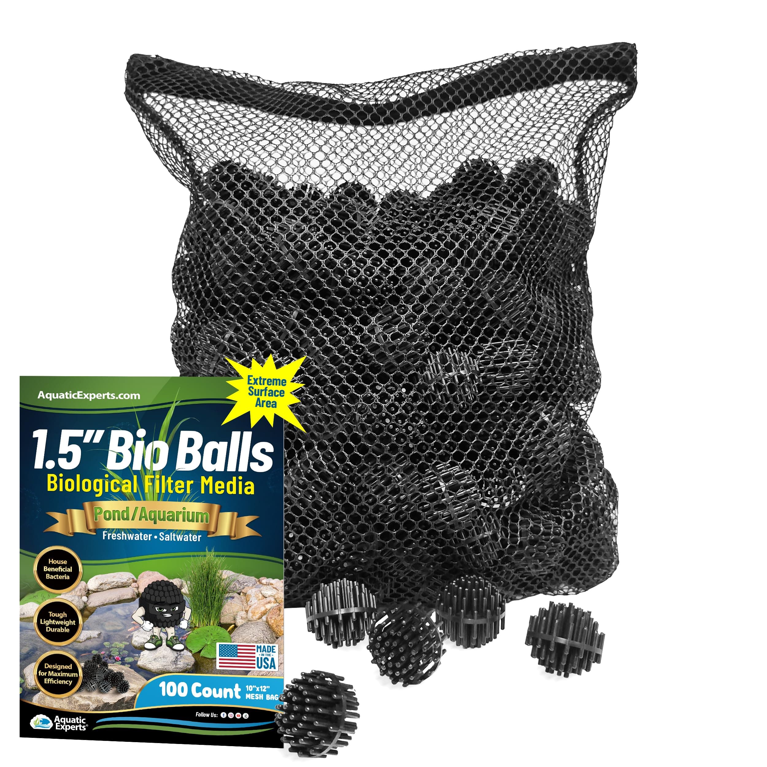 Aquatic Experts 1.5" Large Bio Balls for Ponds – Biological Filter Media for Waterfalls & Outdoor Pond Filters, Treats Up to 330 Gallons (100 Count + 10" x 12" Mesh Bag)