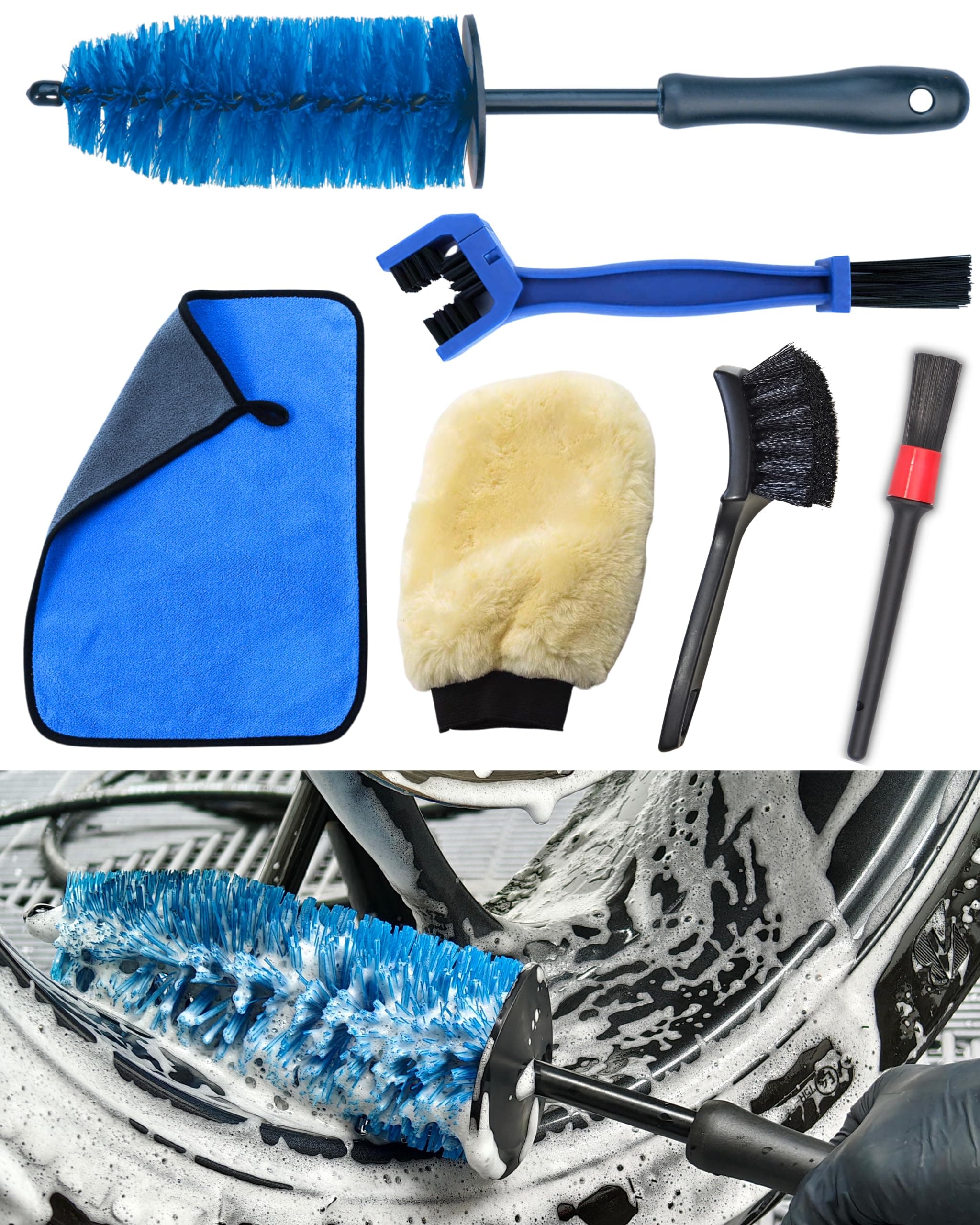 Motorcycle Cleaning Brush Kit 6 Pack, Easy Reach Brush, Chain Brush,Wool Wash Mitt, Stiff Tire Brush, Detailing Brush& Microfiber Towel for Motorcycle Mudguard, Rims,Exhaust, Frame Detailing Wash Kit