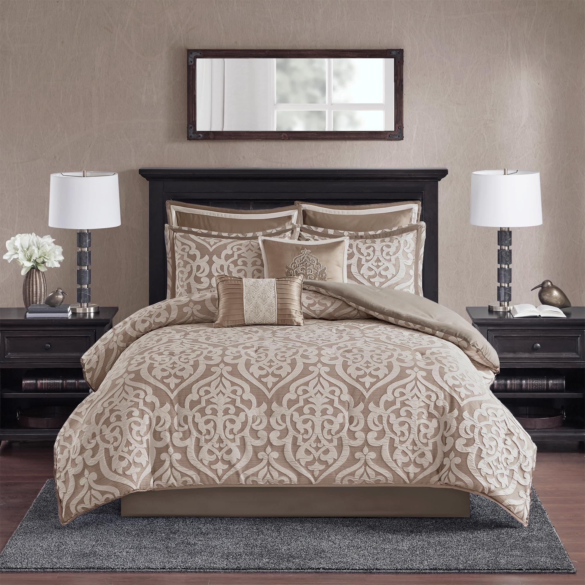 Odette Cozy Comforter Set Jacquard Damask Medallion Design - Modern All Season, Down Alternative Bedding, Shams, Decorative Pillows, Queen(90 in x 90 in), Tan 8 Piece