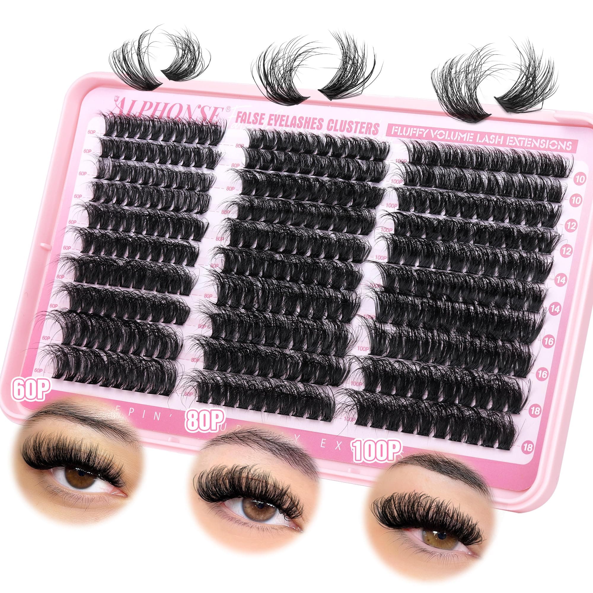 Fluffier Lash Clusters Thick Volume Lash Extension 10-18mm Cluster Eyelash Extensions DIY Individual Lashes Wispy at Home Pestañas Pelo a Pelo by ALPHONSE (60D+80D+100D, 300pcs)