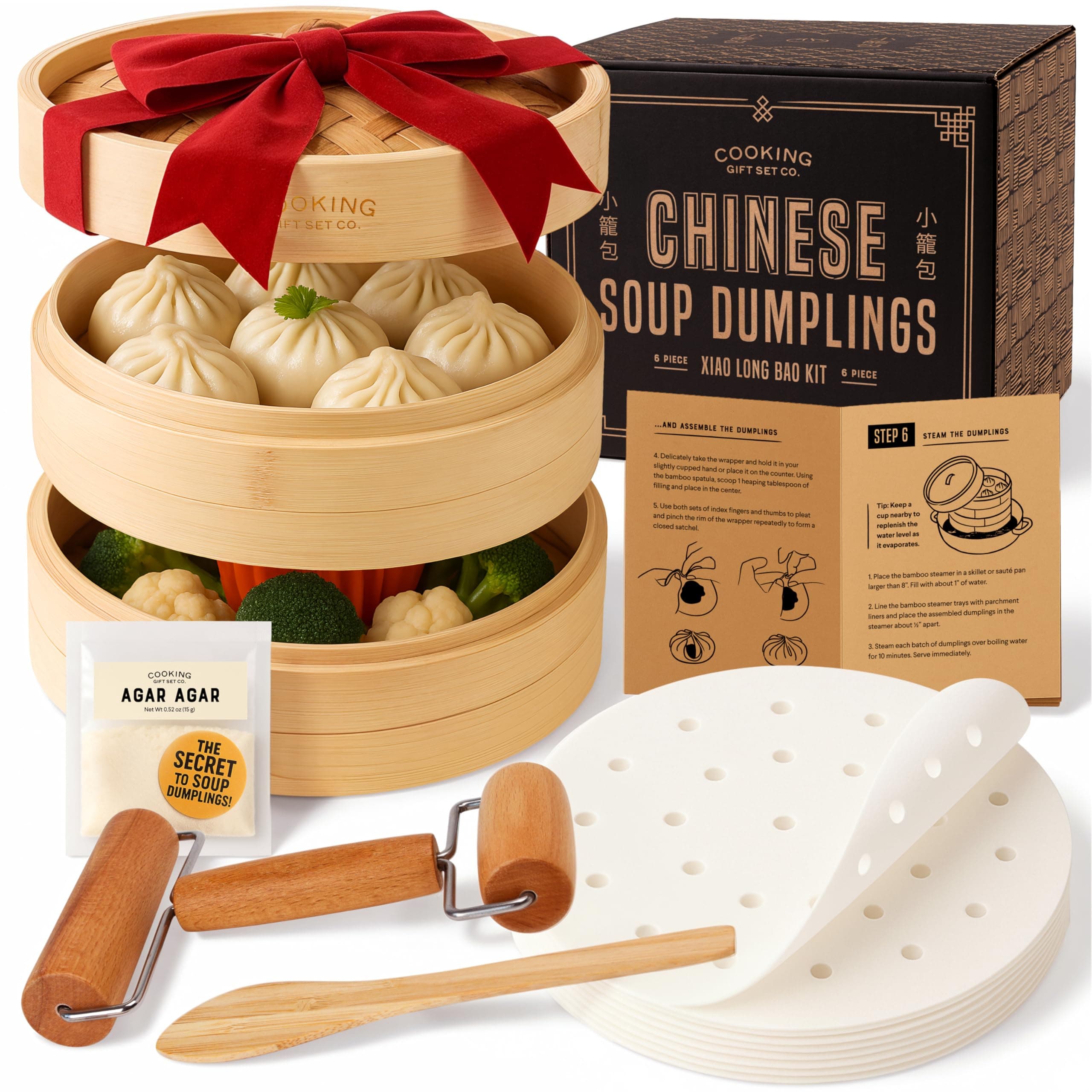 Cooking Gift Set Co. Bamboo Steamer Basket Soup Dumpling Kit - 2 Tier 8-Inch Dumpling Steamer for Cooking with Agar Agar, Roller, Spoon, Liners, Recipes & Step-by-Step Video (6-Piece Set)