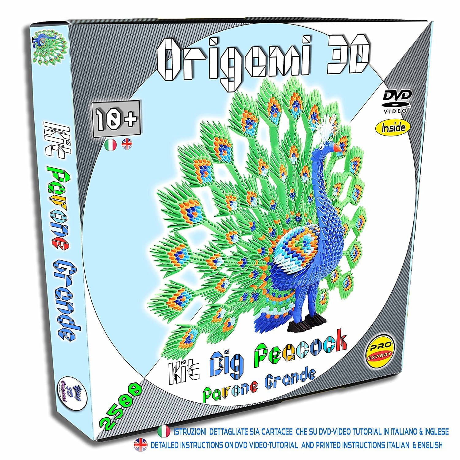3D Origami Kit Big Peacock - 2500 pcs. cardboard "PRE-MARKED" equal to 1/32 of the base A4 + DVD video tutorial in Italian & English + paper Detailed instructions Italian & English - Level PRO-EXPERT - MADE IN ITALY -CE-