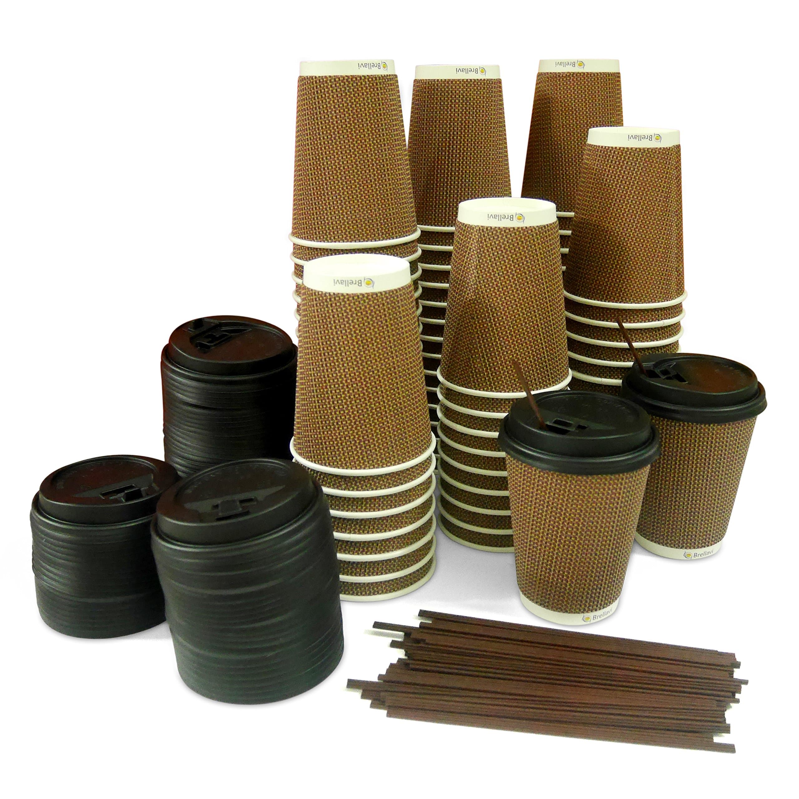 Ideal Pack of 75-12 oz Disposable Triple-Walled Strong Paper Coffee Hot Cups, Travel Lids & Stirrers; Rippled to Go Coffee Cups, Disposable Travel Mug for Hot/Cold Coffee, Tea, Chocolate & Coco