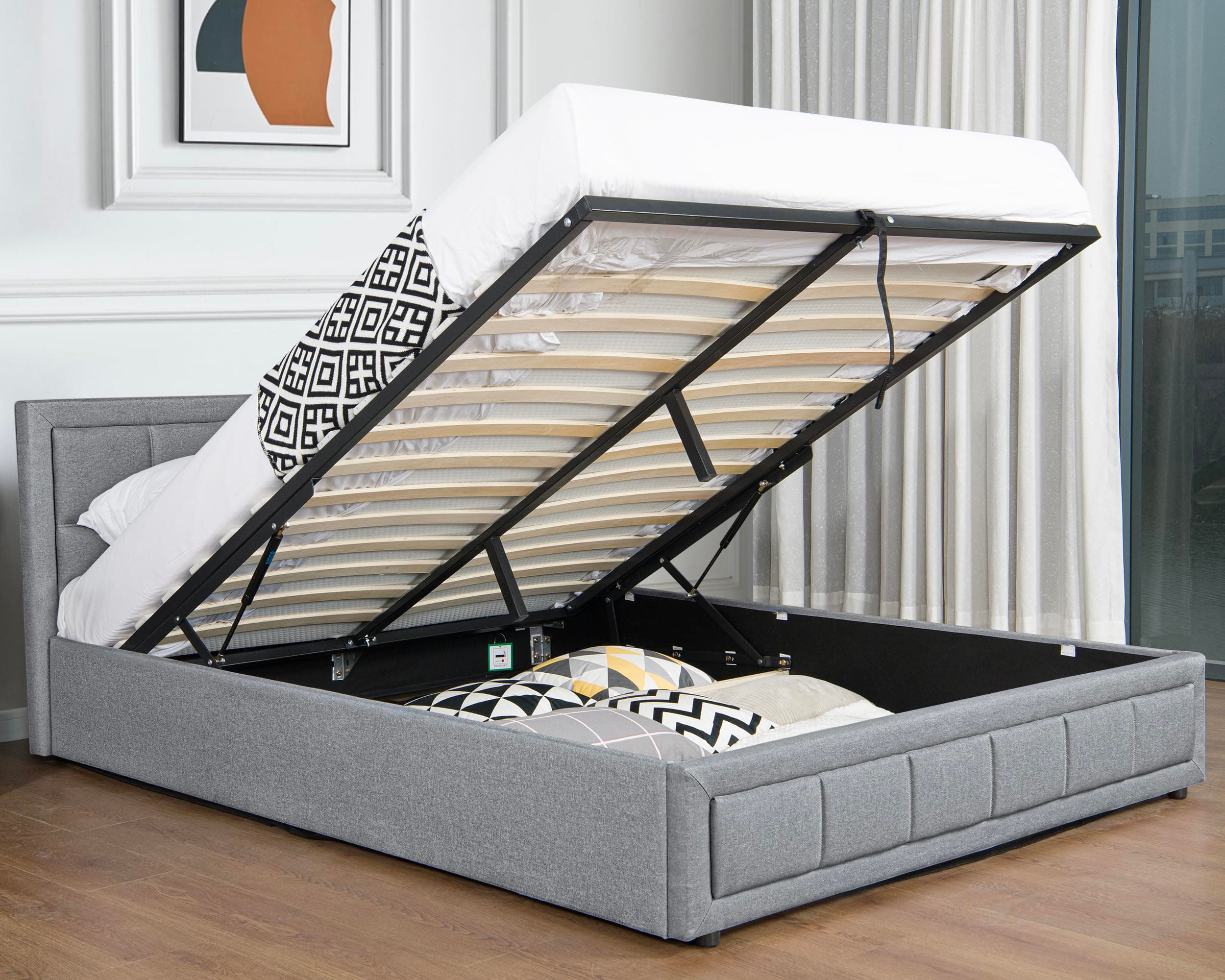 Ottoman 4ft6 Double Bed Frame, Upholstered Gas Lift Up Bed Frame With Storage, Ottoman Storage Bed With Gas Lift End Opening Wooden Slats, (4ft6 Grey Double145 x 204, No Mattress)