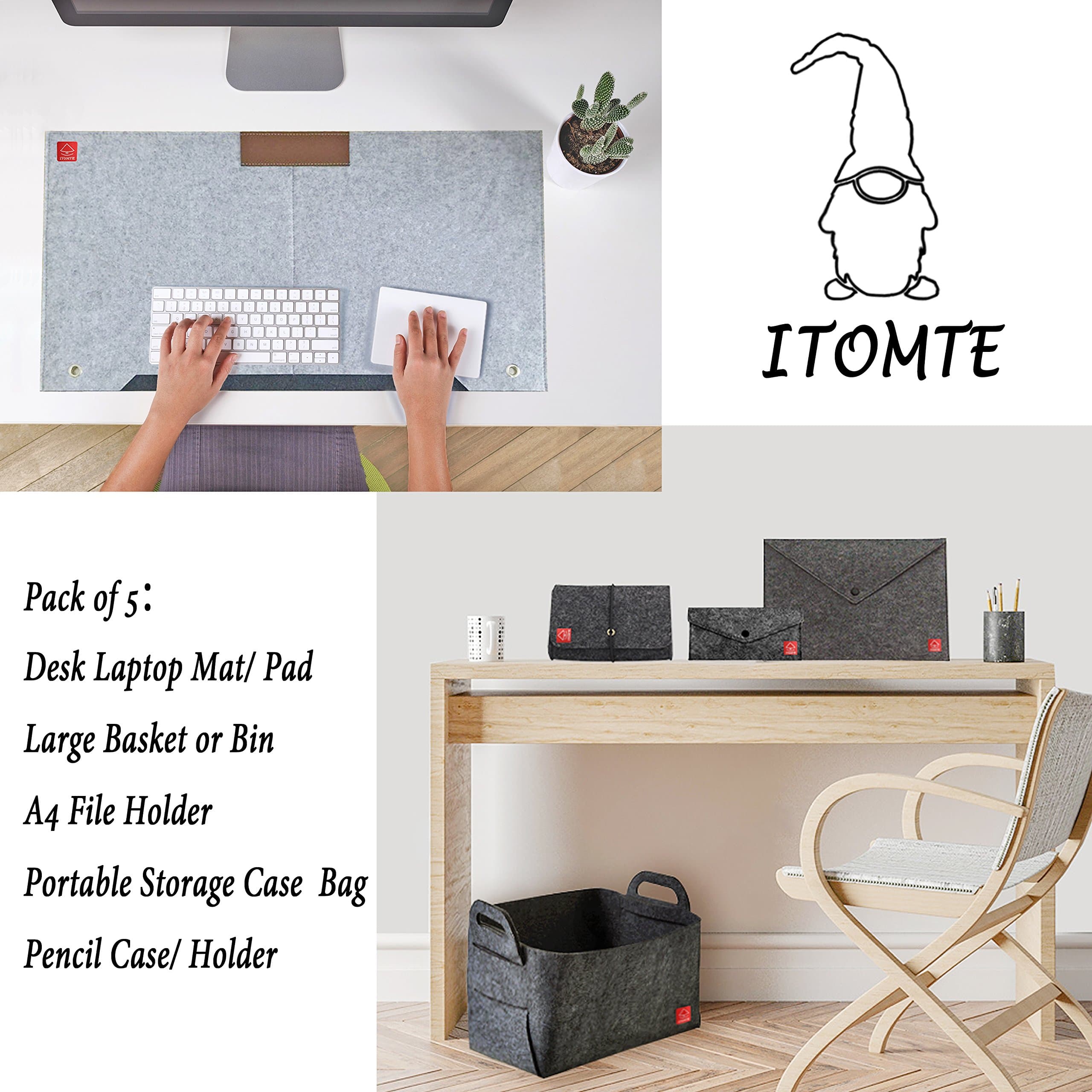 Handmade Tomte/Gnome Accessories - Premium Felt Storage Organizer for Home/Office Gift - Foldable Basket, Desk Laptop Mat/Pad, Office Case Organizers, 5 Pieces