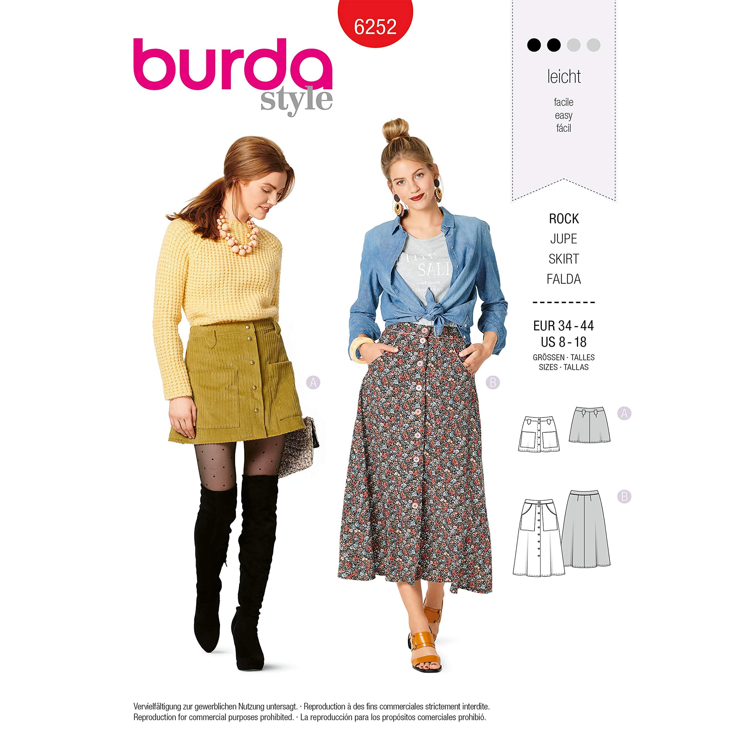 Burda Style Sewing Pattern 6252 - Misses' Skirts, Front Fastening, Mini or Midi Length with Pocket Variations, Size: A (8-10-12-14-16-18)