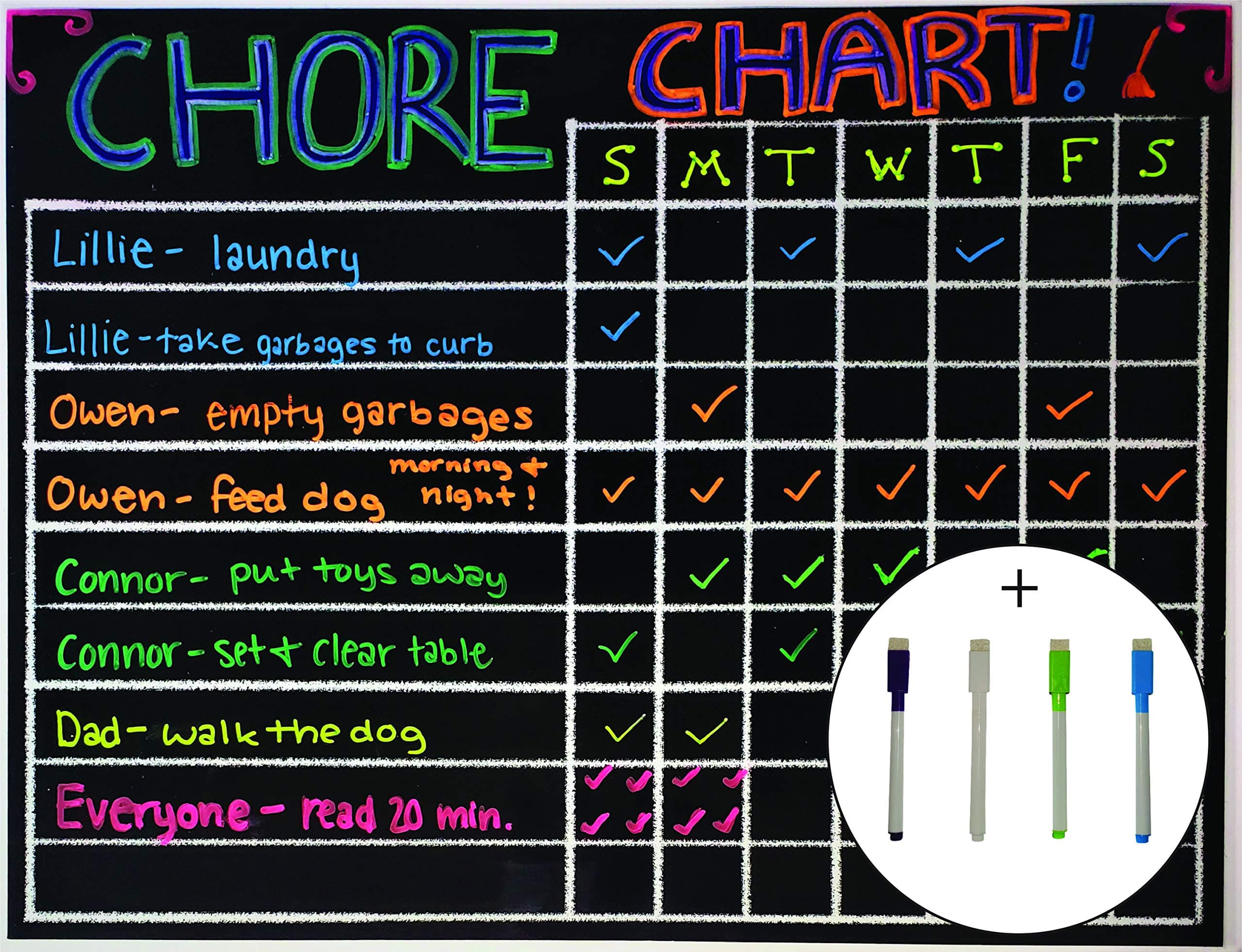 XL Chore Charts For Multiple Kids with 4 Pack Marker Set Magnetic (12" x 16" Responsibility Chore Chart) with 4 Markers | Magnetic Responsibility Reward Behavior Chart For Multiple Kids