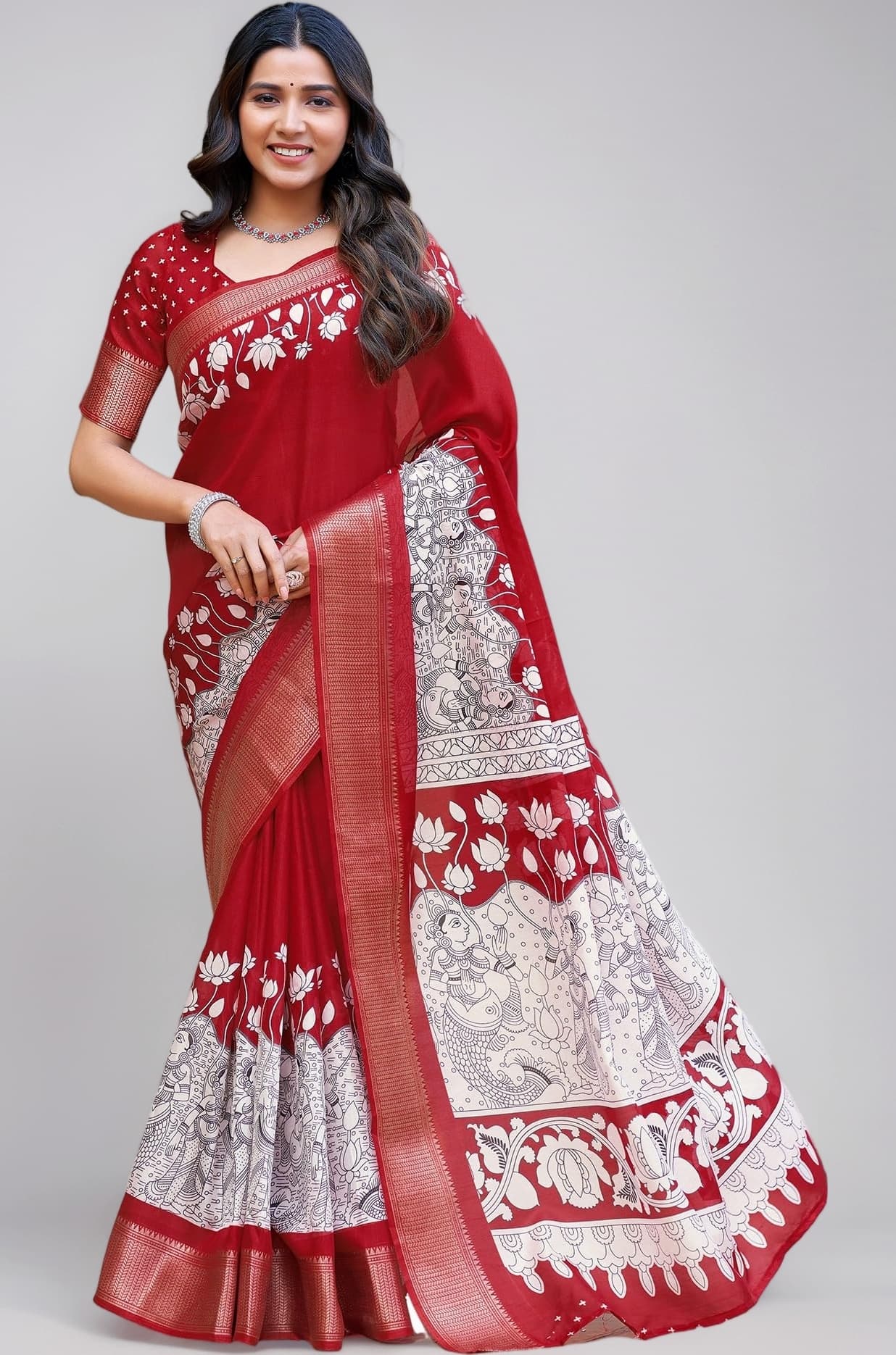 SIRIL Women's Printed Cotton Saree with Unstitched Blouse Piece