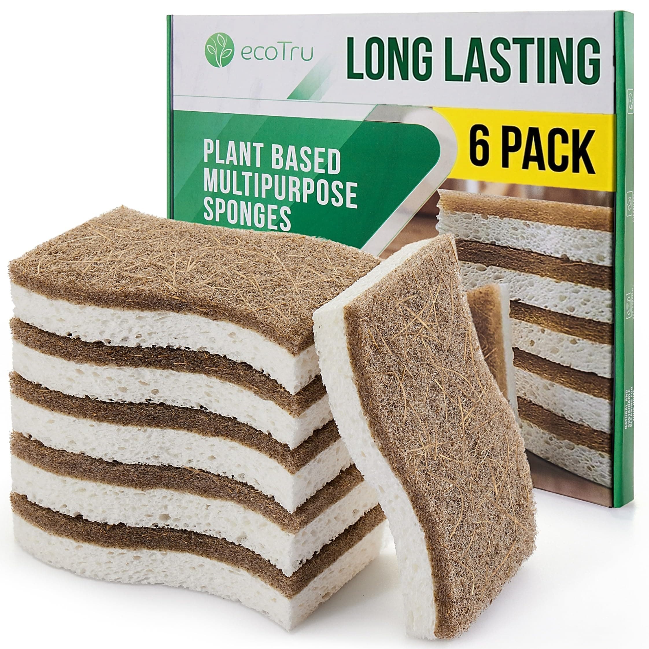 6 Pack Natural Kitchen Sponges, Compostable White Cellulose & Organic Coconut Scrubber Sponge for Washing Dishes, Kind Eco Friendly Non Toxic & Biodegradable Dishwashing Sponges