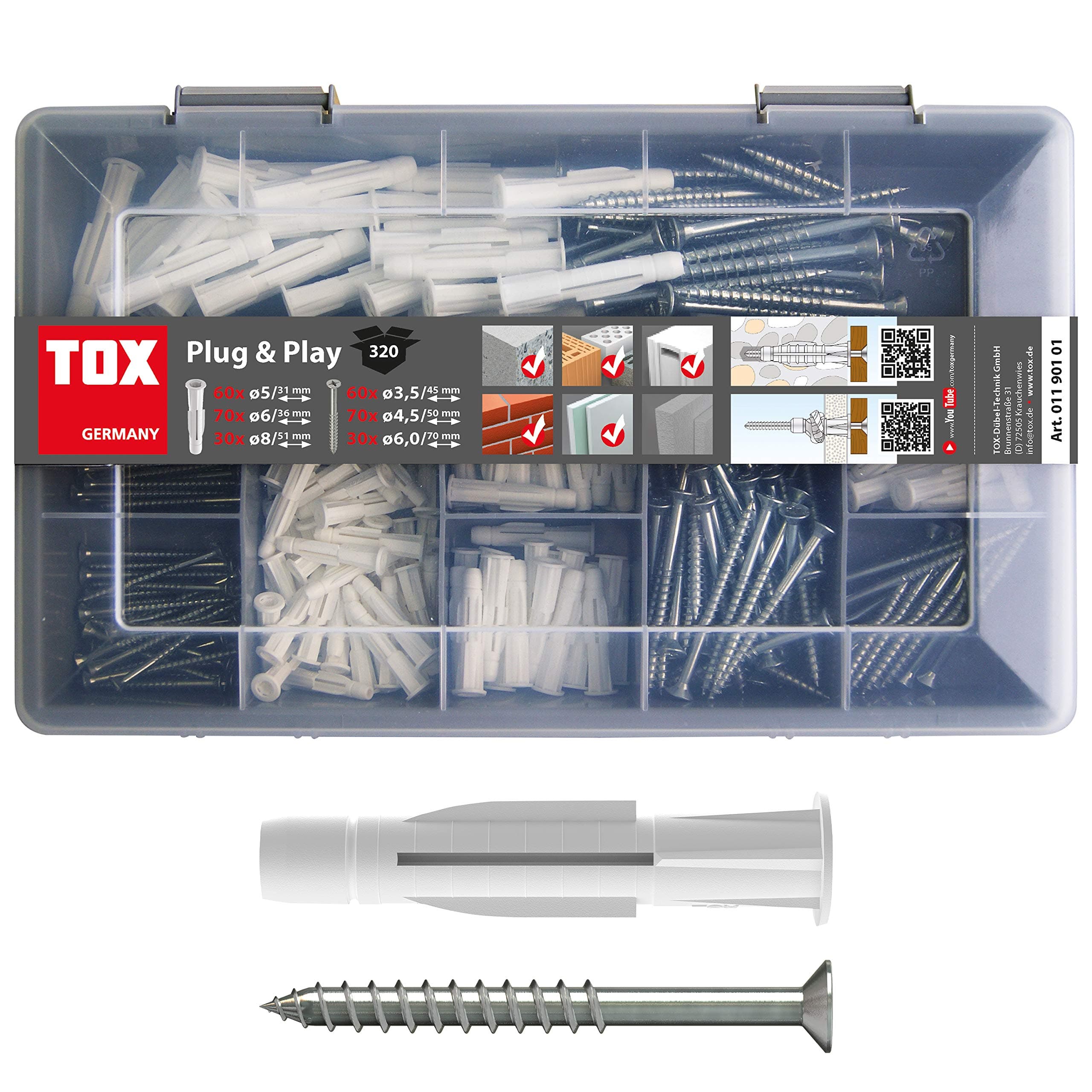 TOX standard assortment Plug & Play, 320 pieces, with wall plugs + screws, 01190101